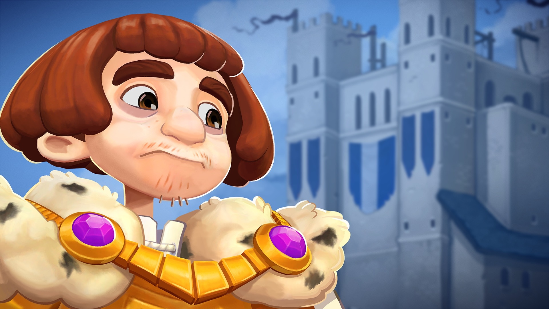 Man in fur collar and crown in front of castle HD Wallpaper