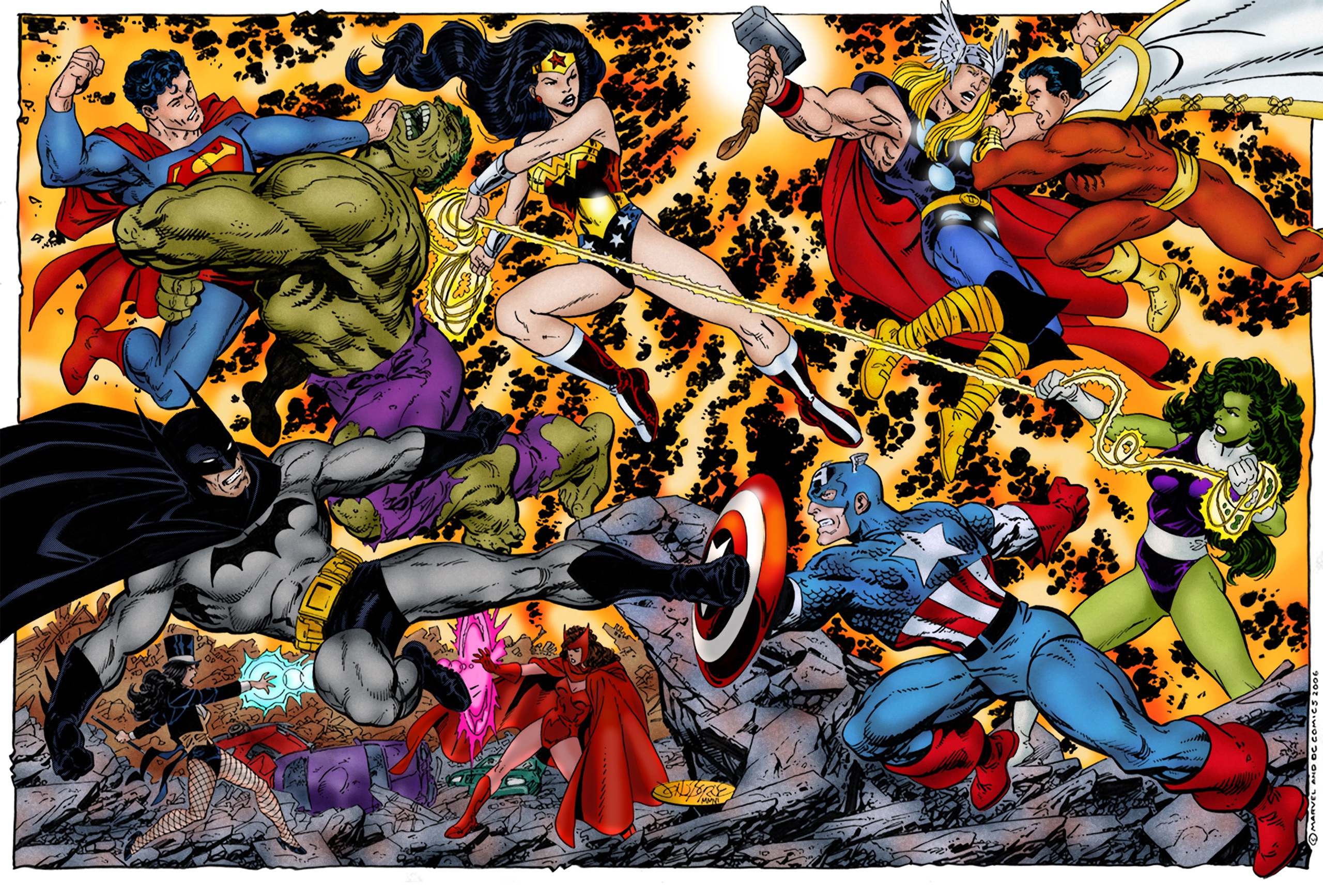 JLA and Avengers characters fighting HD Wallpaper