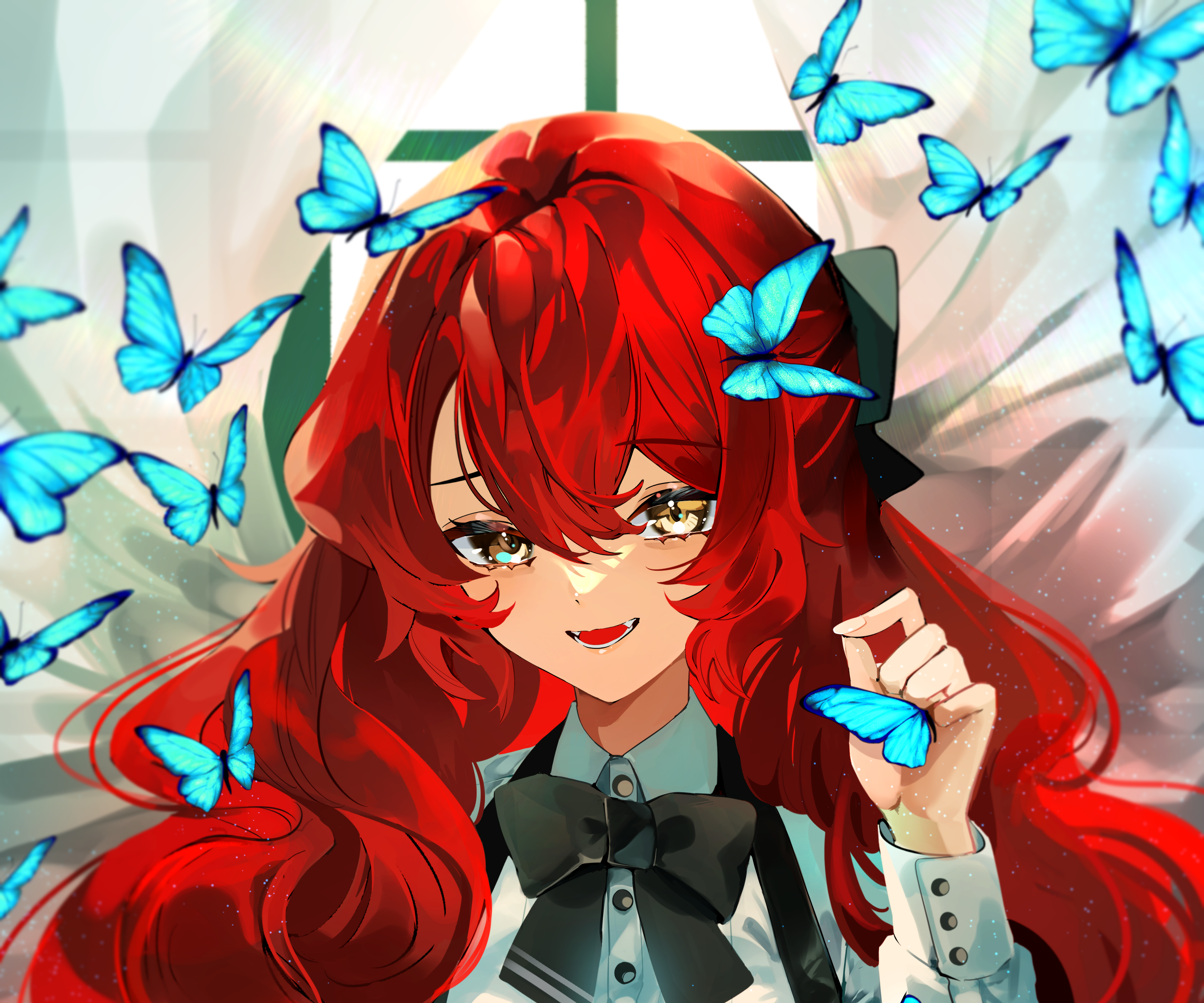 Girl with red hair and blue butterflies HD Wallpaper