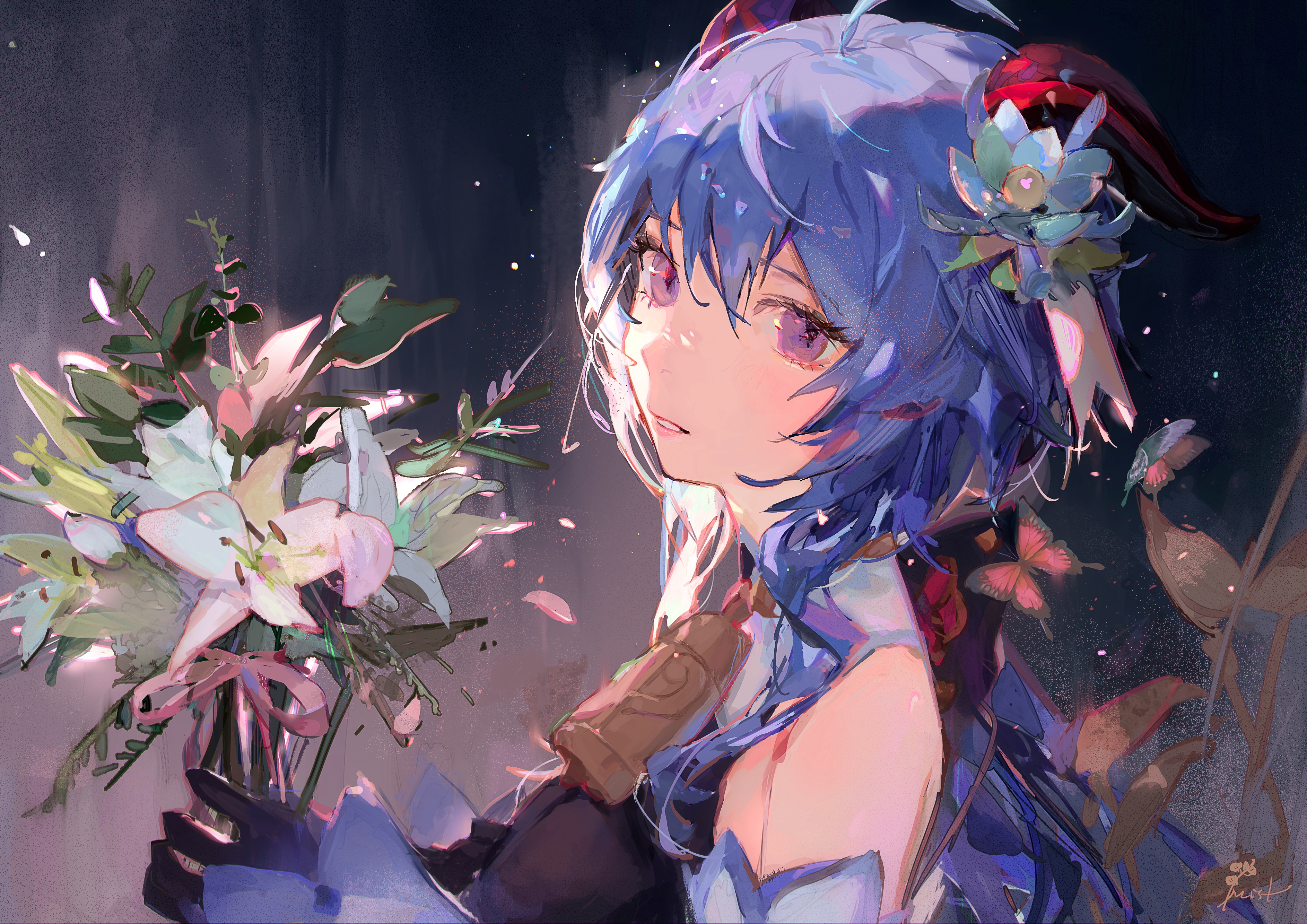 Ganyu from Genshin Impact with flowers HD Wallpaper