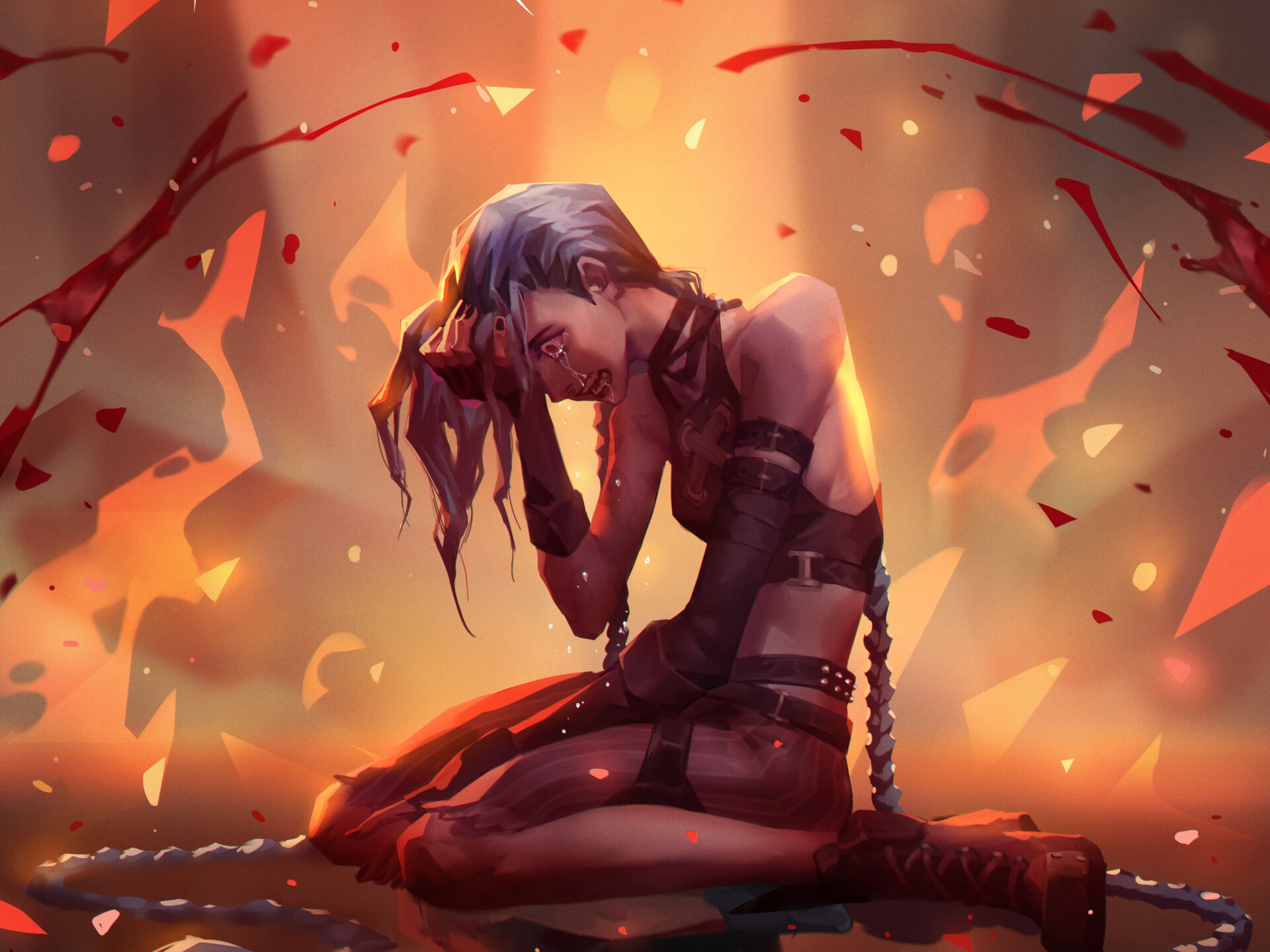 Jinx from Arcane crying in a fiery environment HD Wallpaper