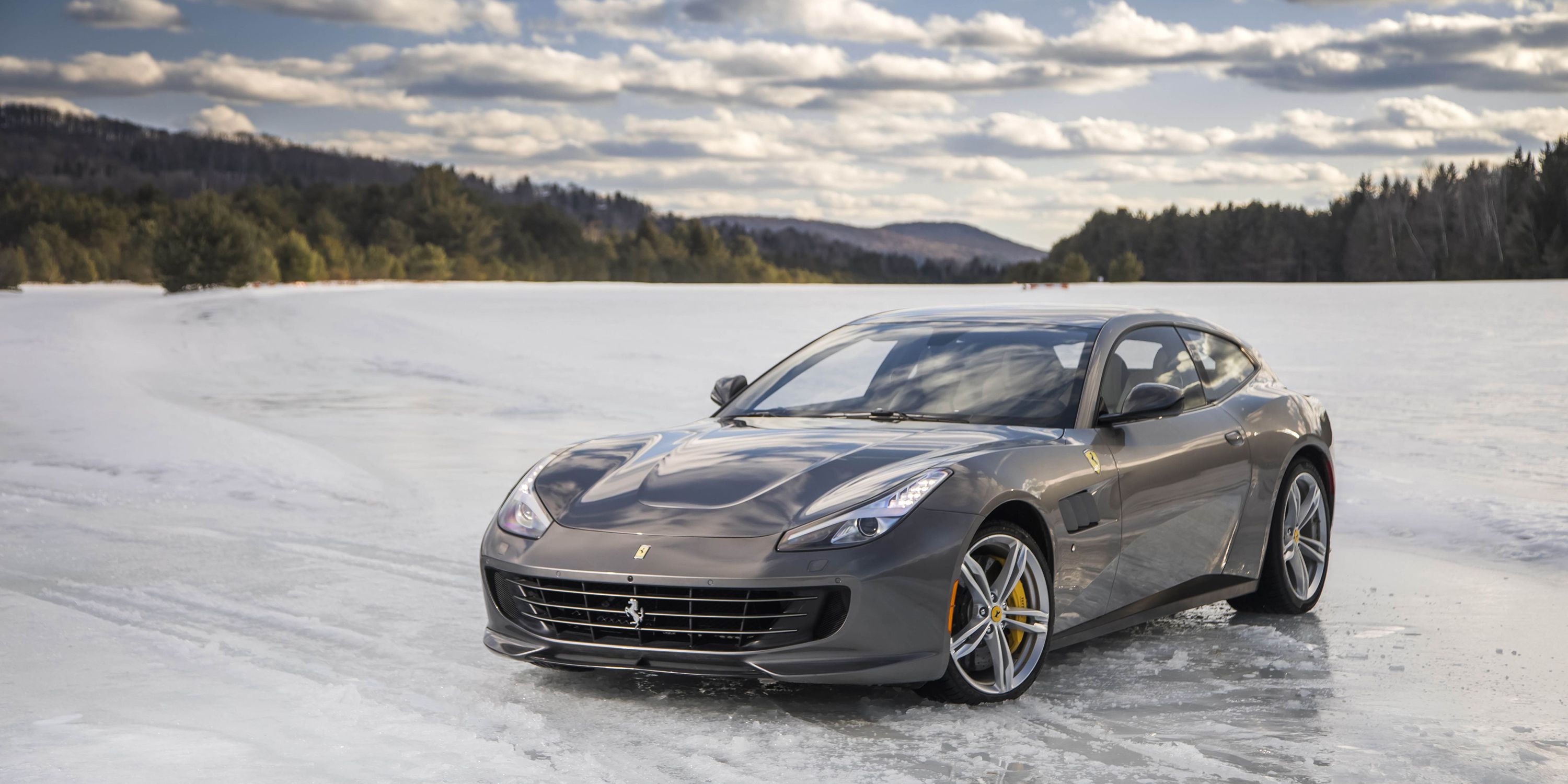 Gray Ferrari FF on a frozen lake HD Wallpaper