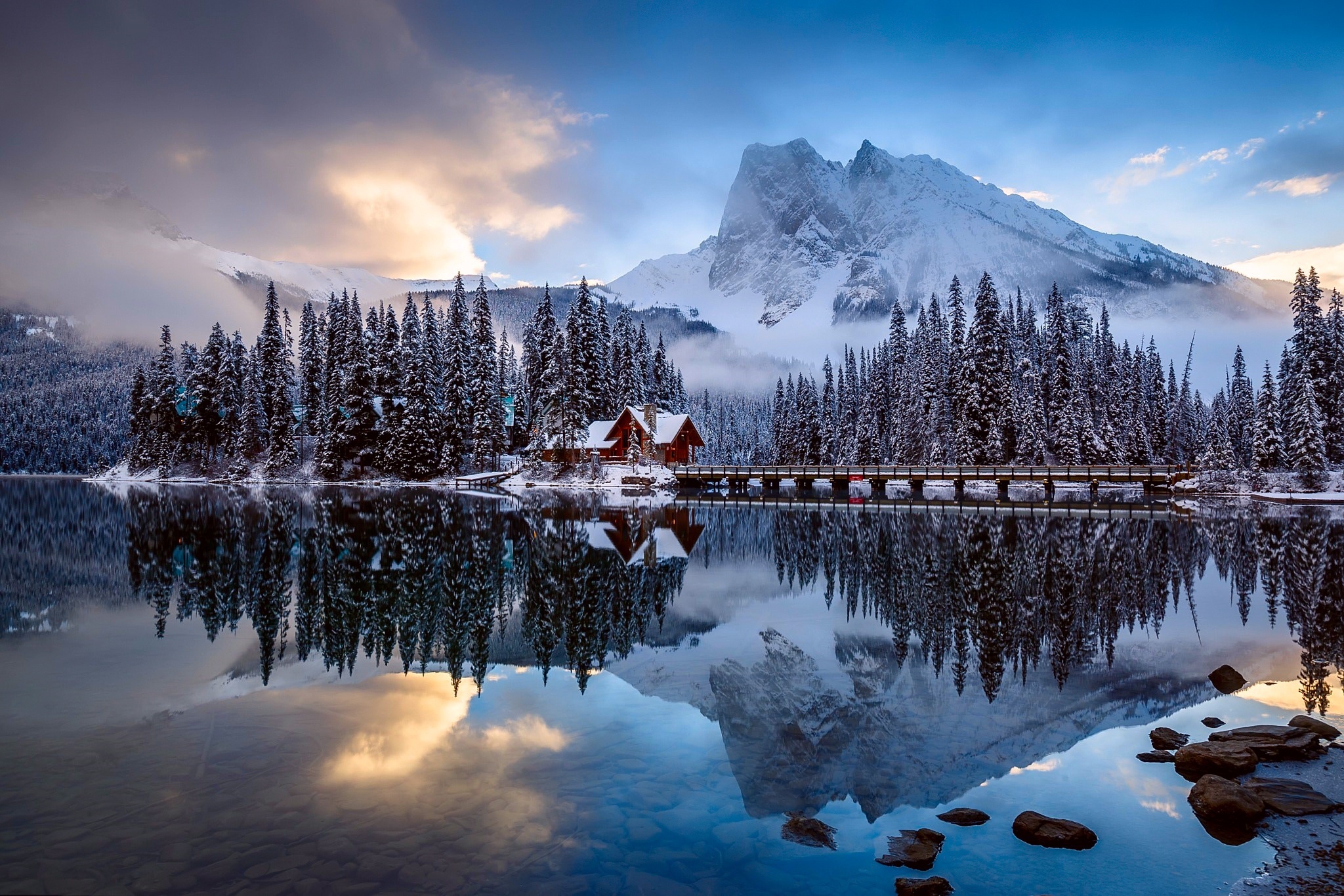 Snowy Forest and Mountain Reflected in Lake HD Wallpaper