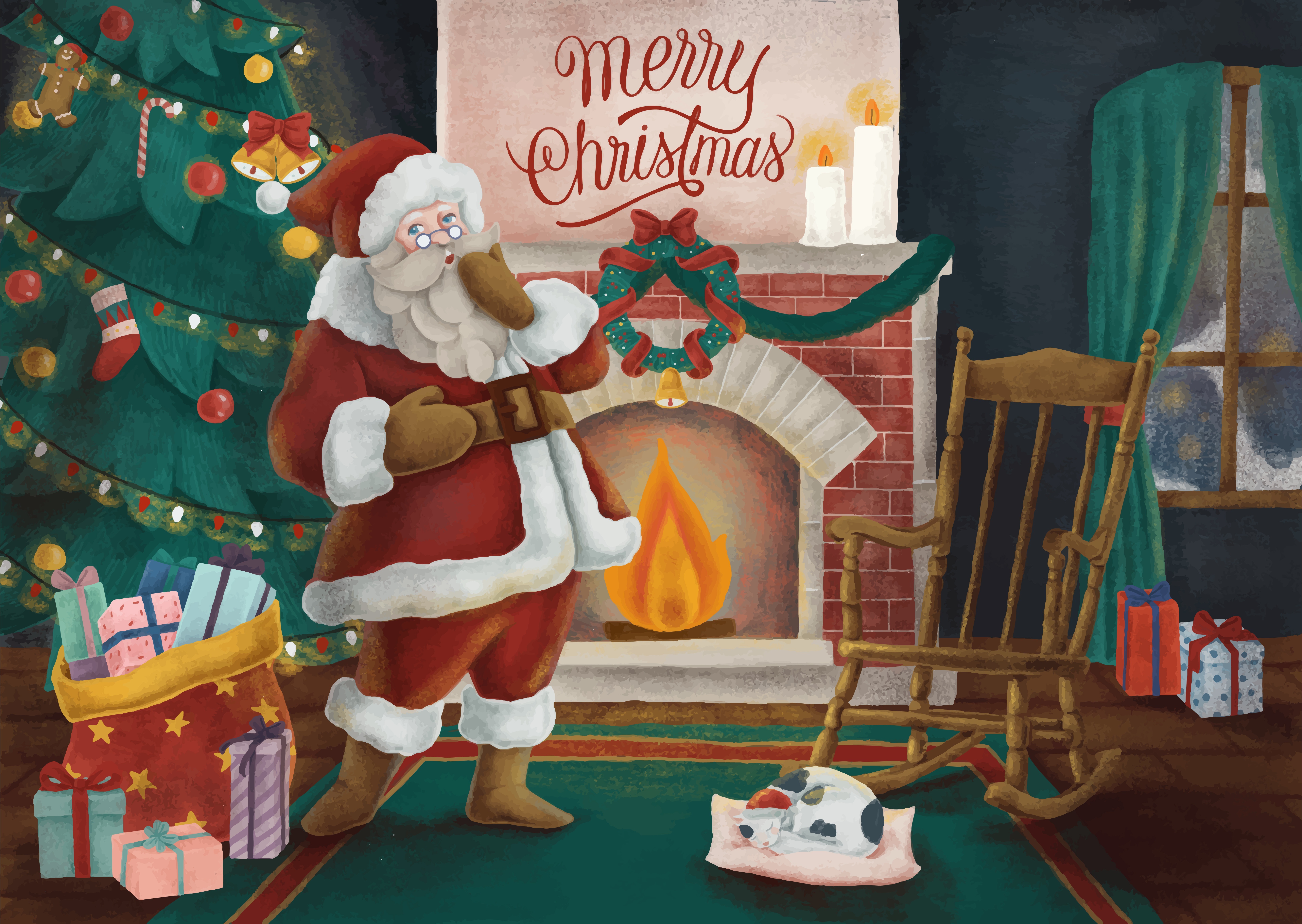 Merry Christmas Santa by Fireplace HD Wallpaper