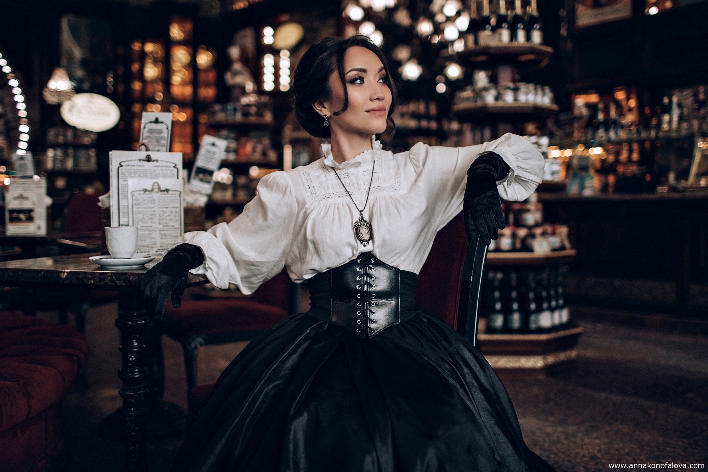 Woman in Victorian Dress at Cafe HD Wallpaper