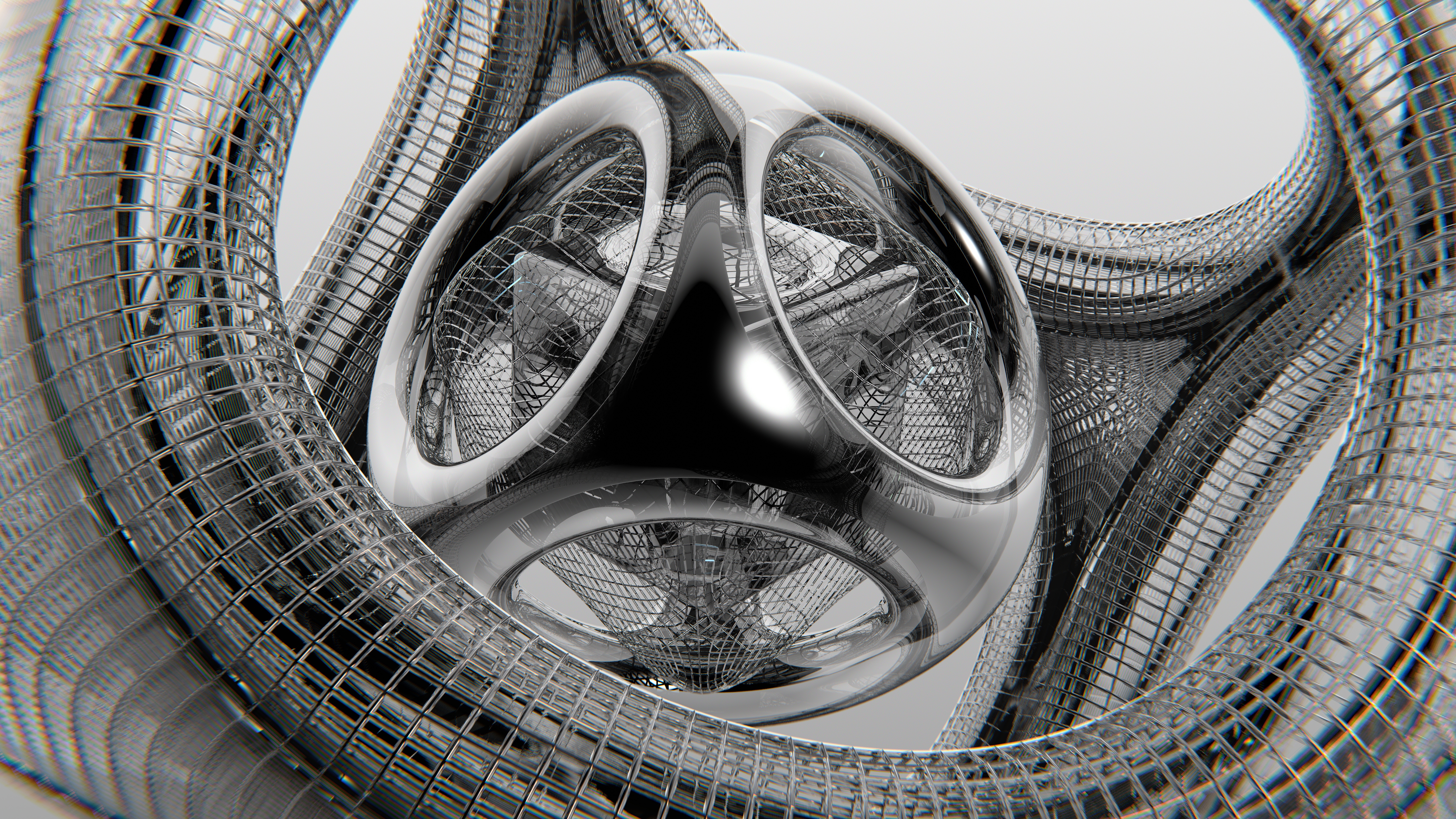 Abstract metallic sphere inside a wireframe structure HD Wallpaper