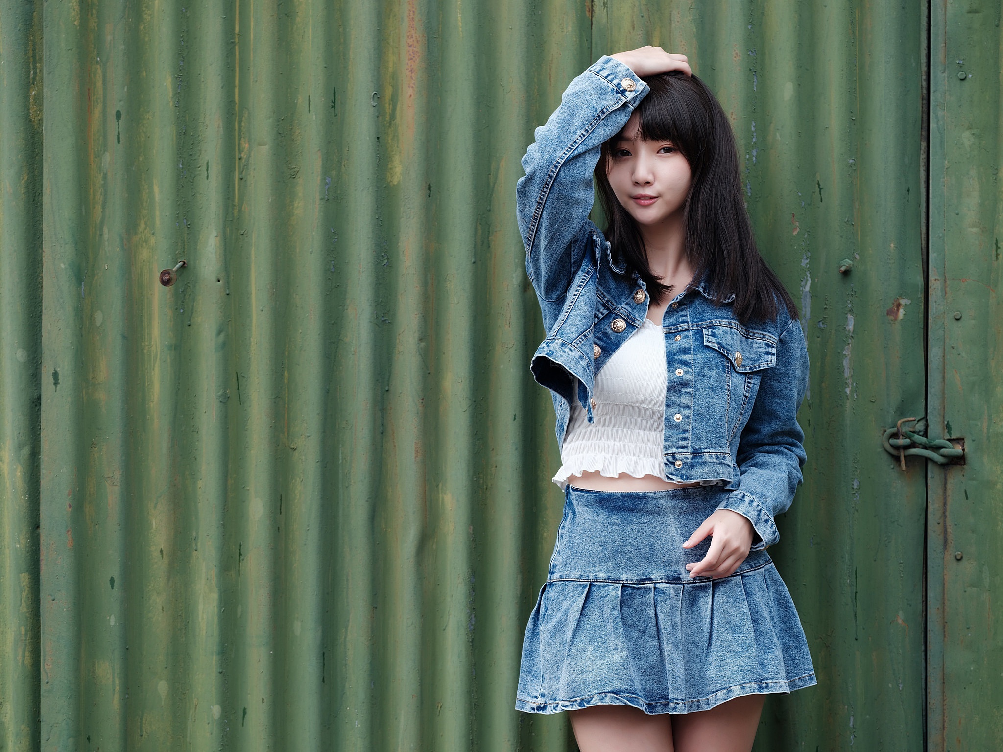 Asian woman in denim jacket and skirt HD Wallpaper