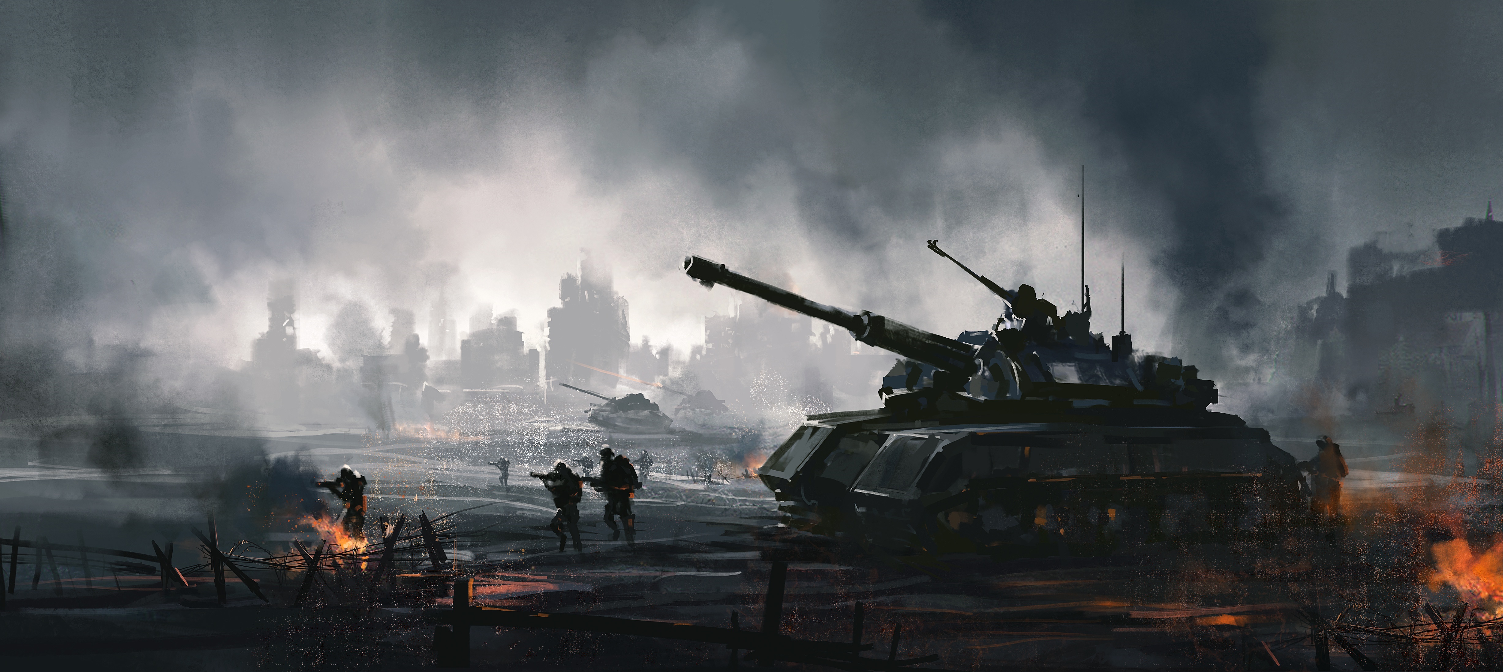Sci Fi Battle with Tanks and Soldiers 4K HD Wallpaper