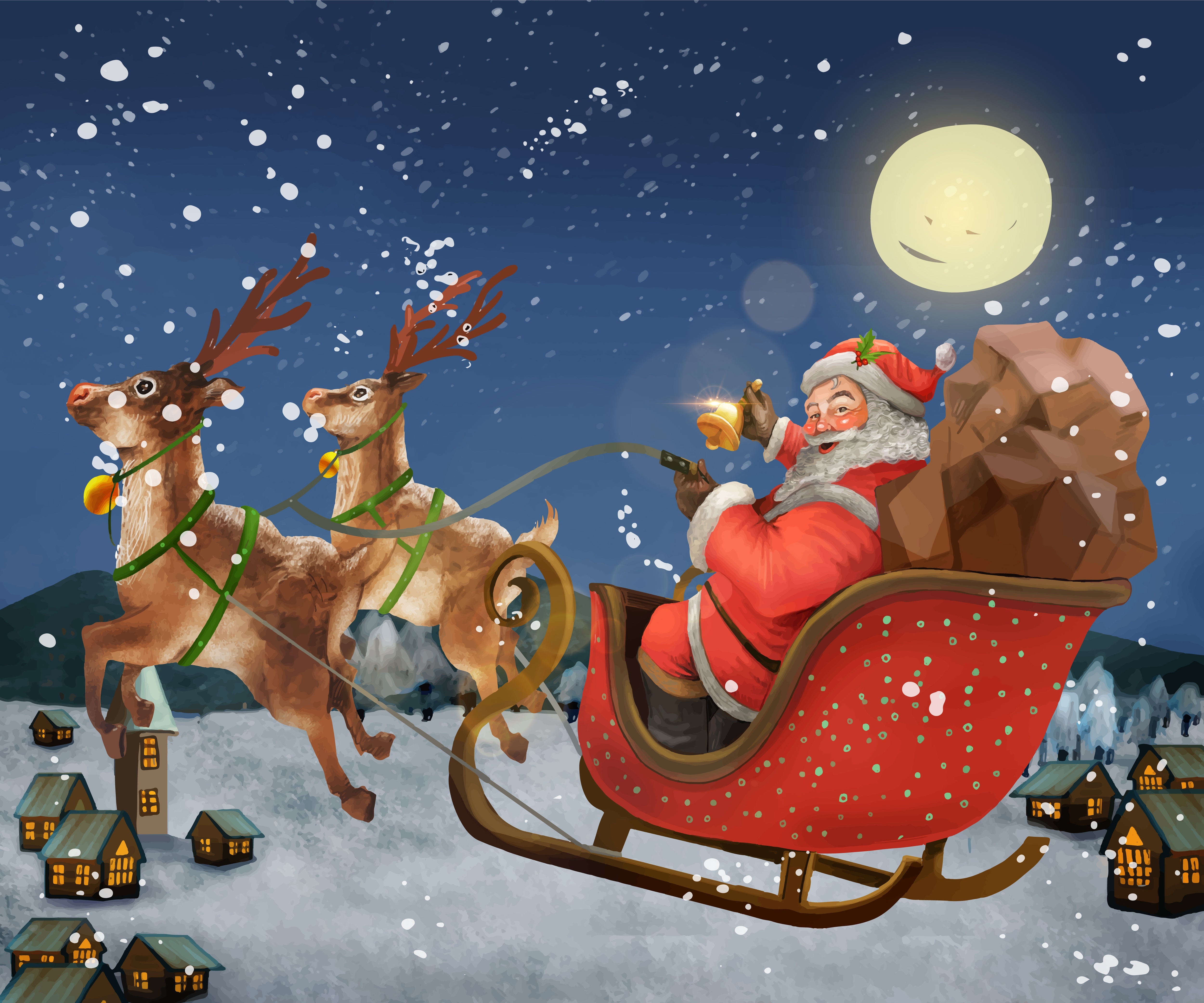Santa Claus and Reindeer Sleigh in Snow HD Wallpaper