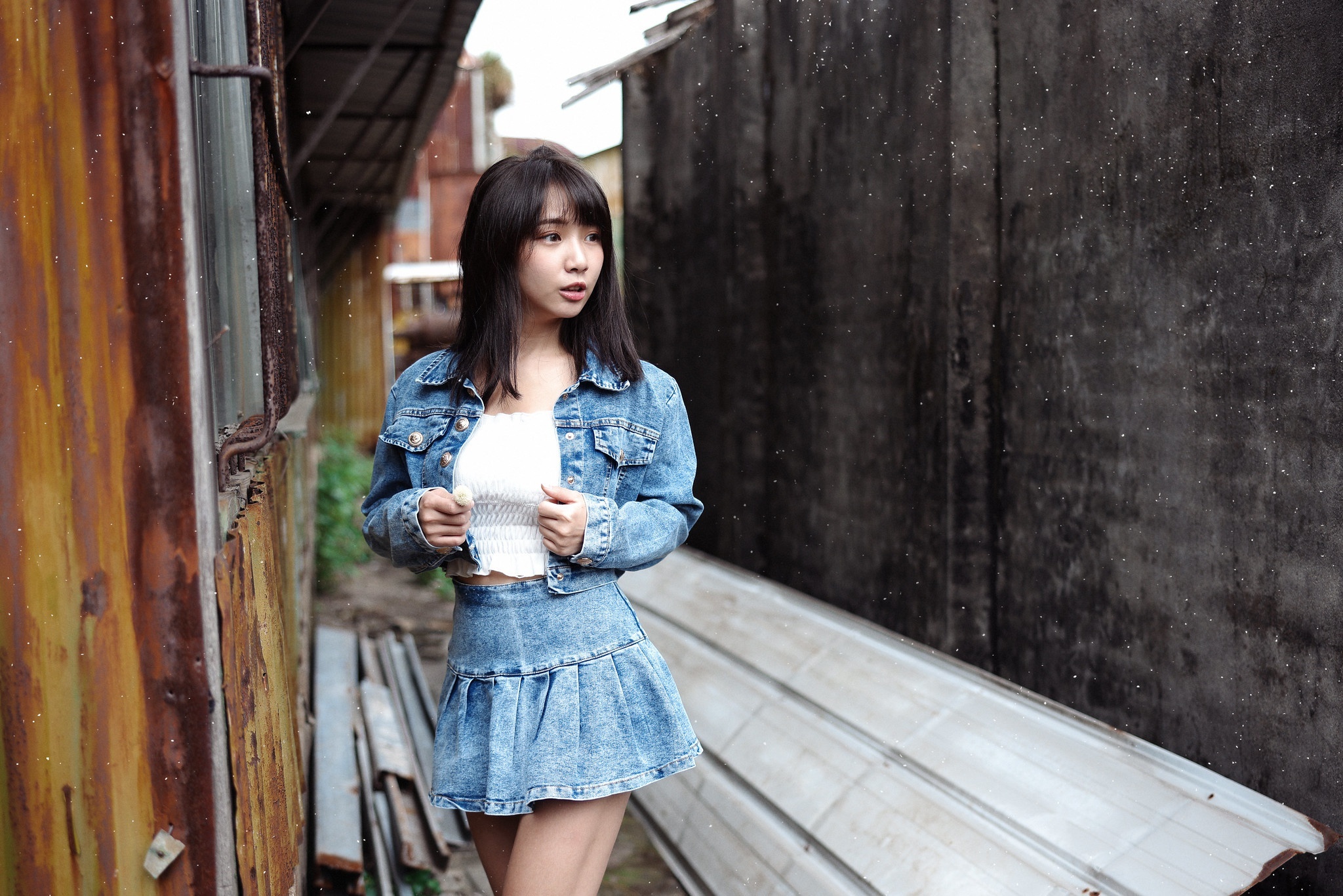 Asian woman with black hair wearing denim skirt and jacket HD Wallpaper