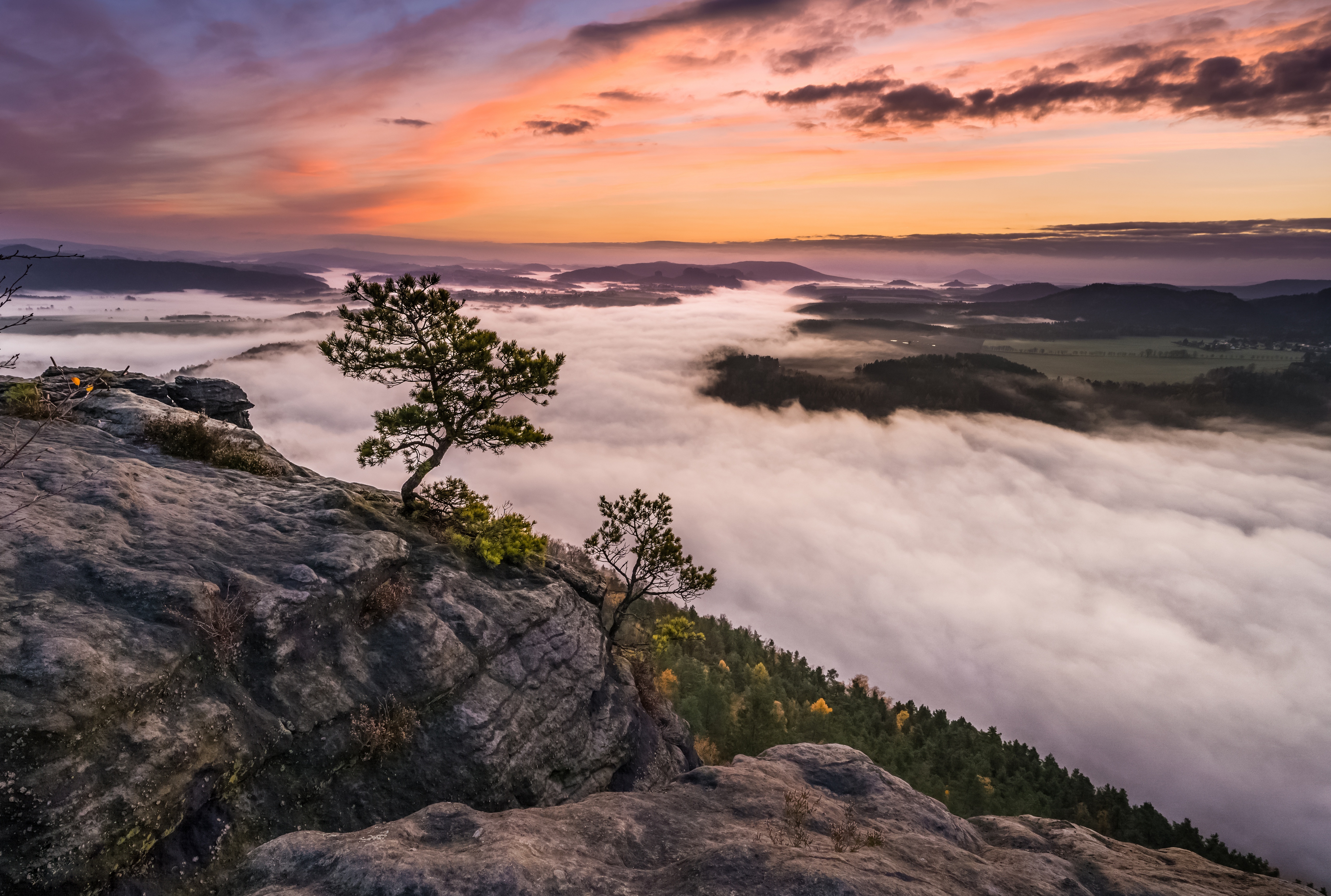 Foggy Landscape at Sunrise over Hills HD Wallpaper