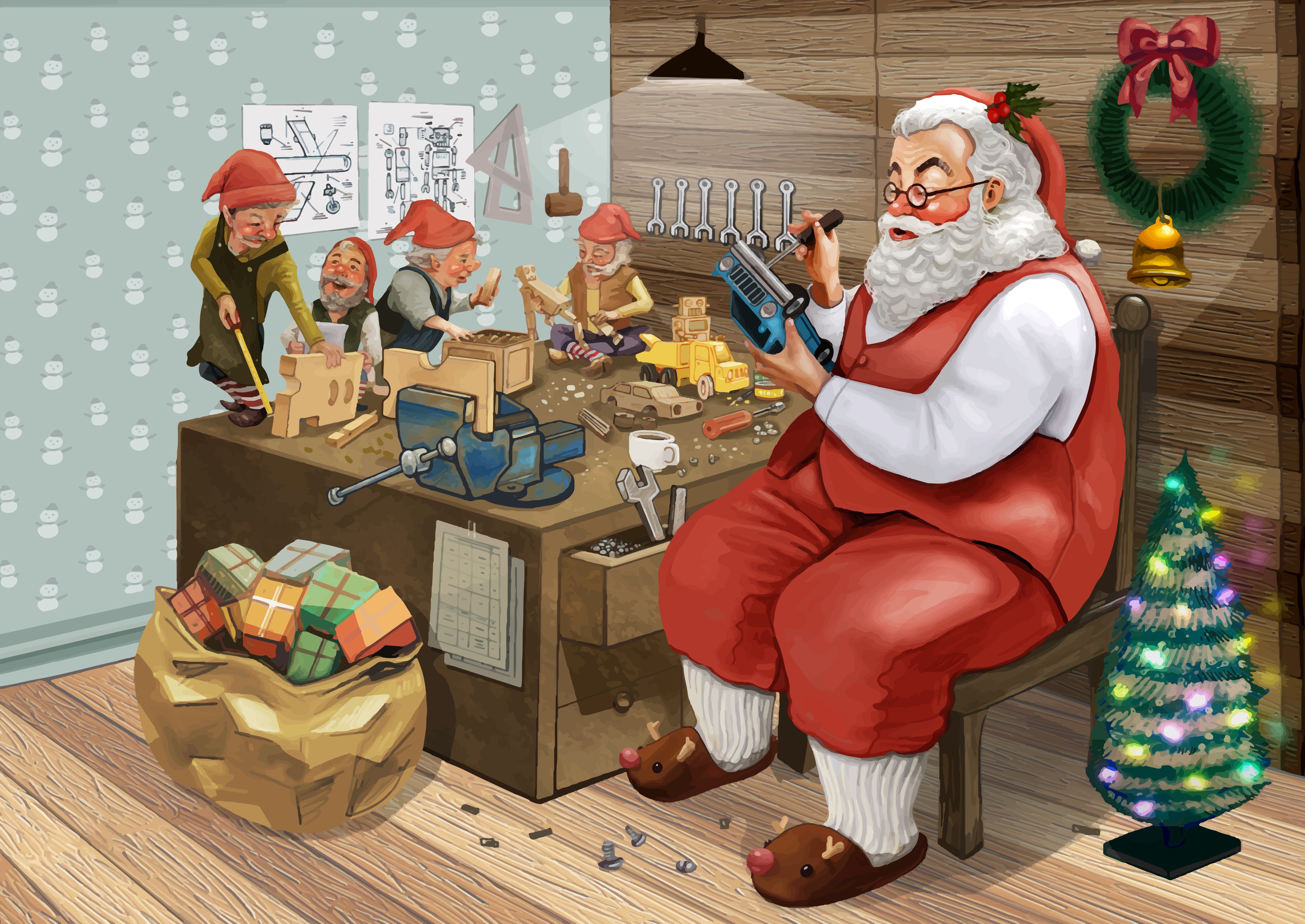 Santa and elves making toys in workshop HD Wallpaper