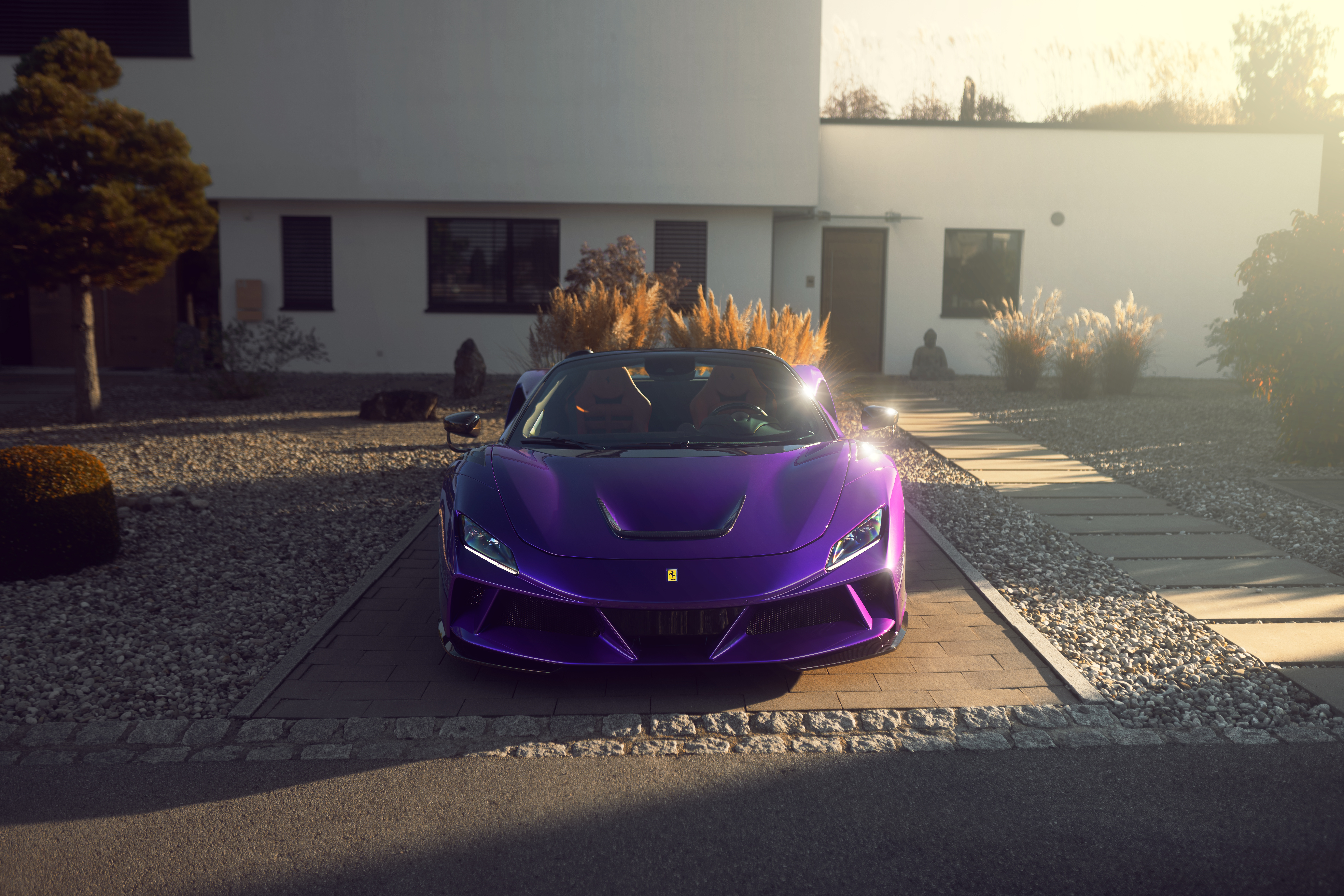 Purple Ferrari F8 Spider parked in front of a modern house HD Wallpaper