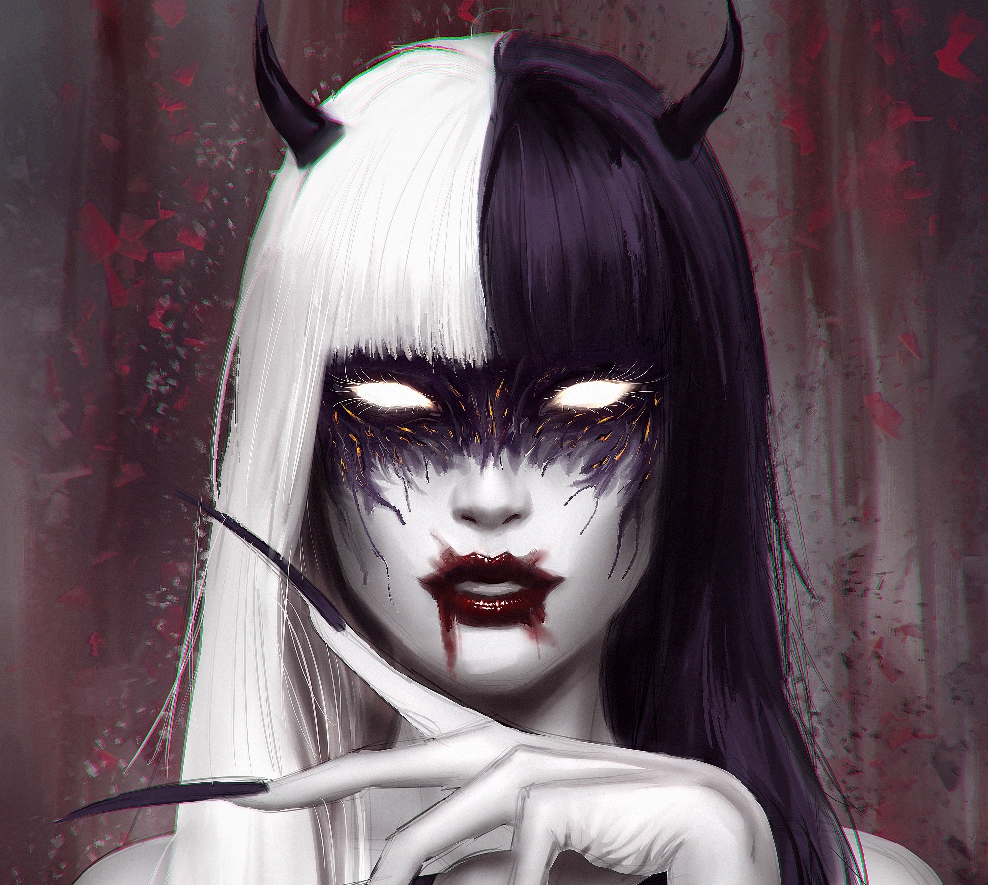 Fantasy Demon with Black and White Hair HD Wallpaper
