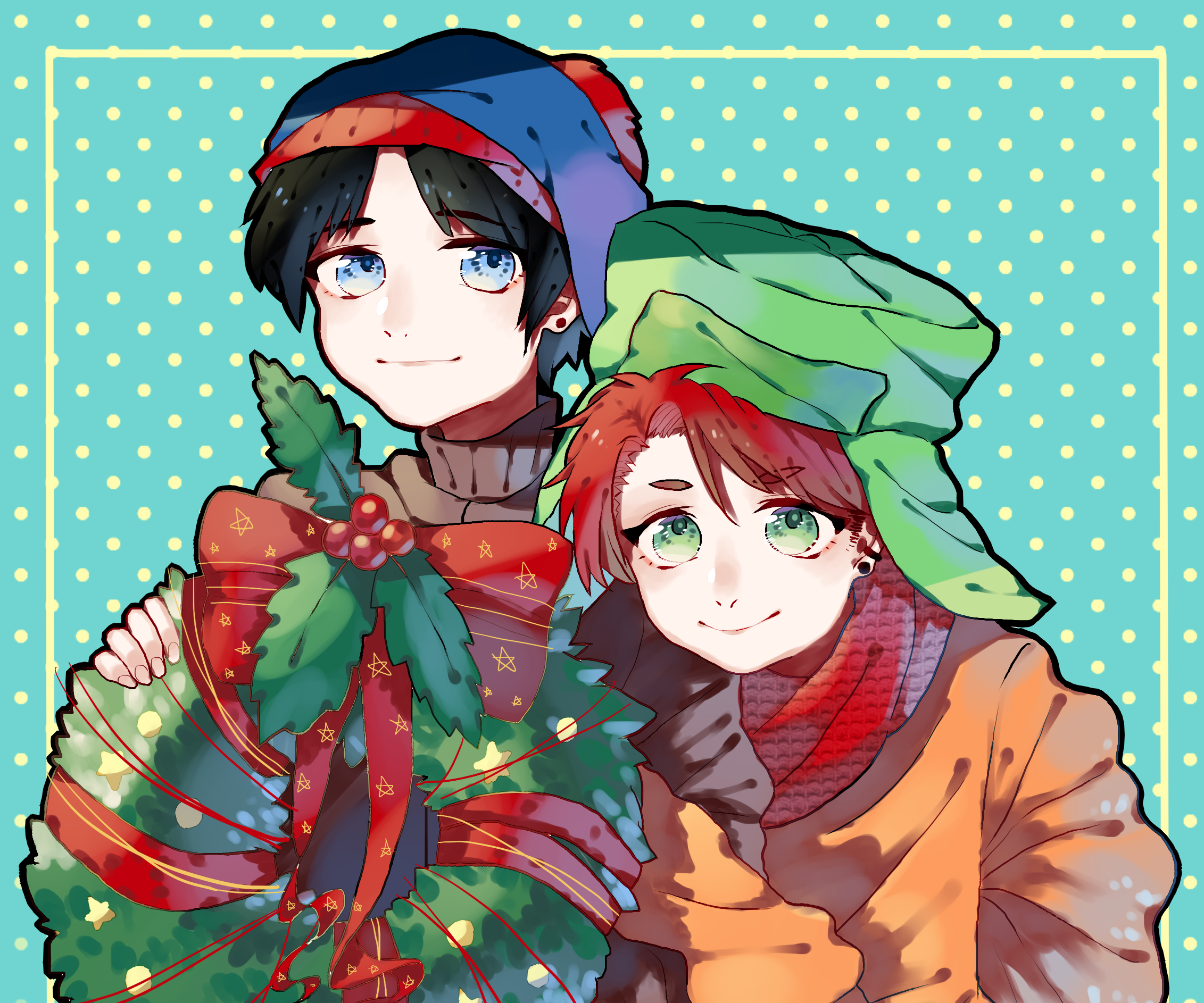 Stan Marsh and Kyle Broflovski from South Park with a Christmas wreath HD Wallpaper