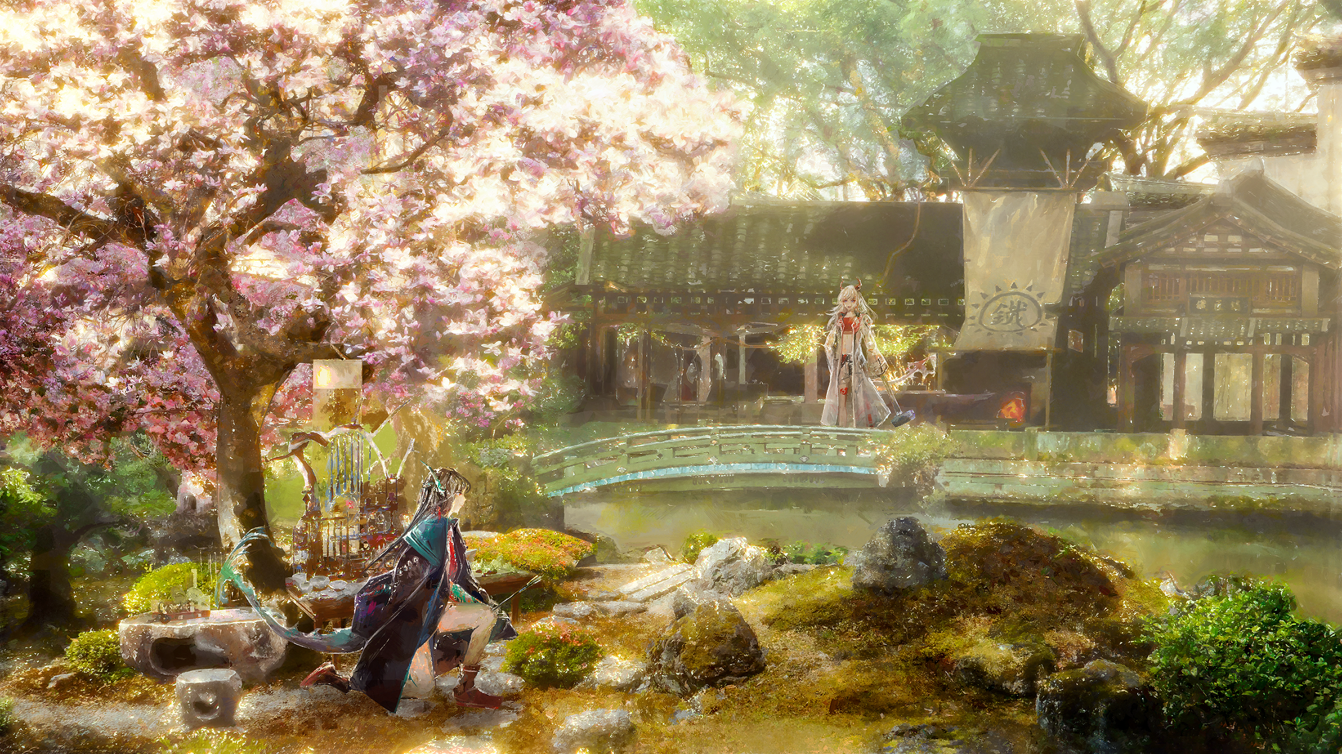 Dusk and Nian from Arknights in a garden HD Wallpaper