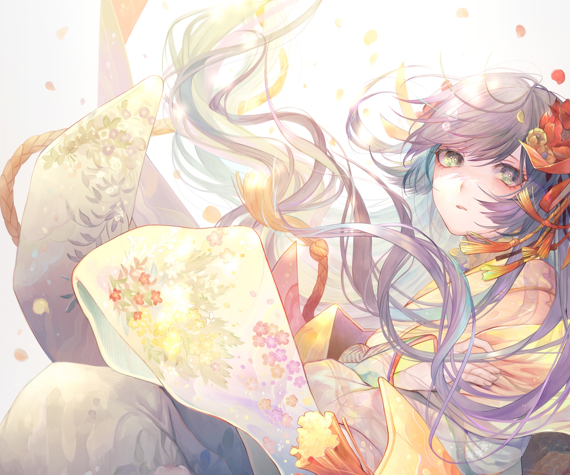 Girl in Kimono with Flowers HD Wallpaper