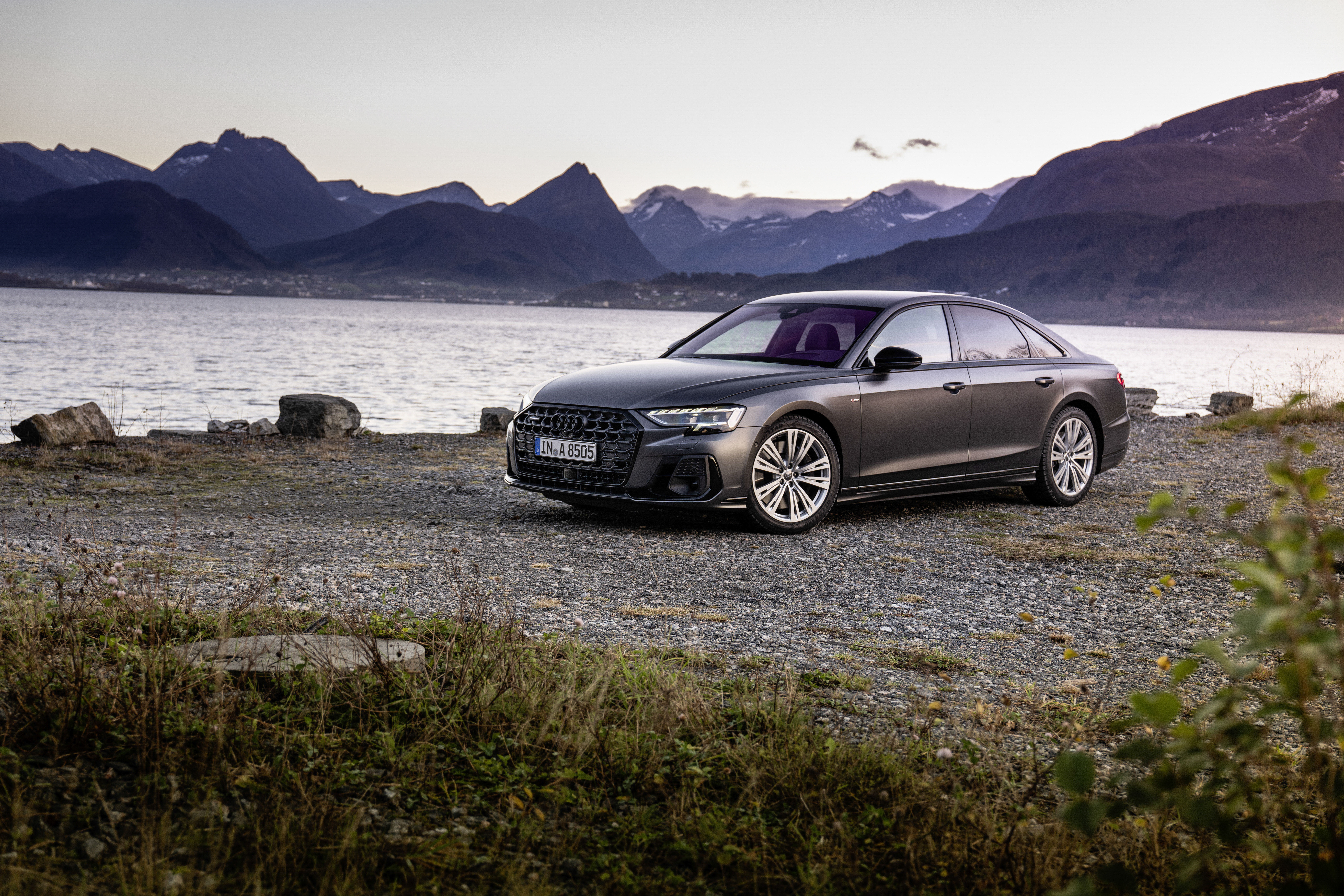 Audi A8 quattro S line sedan by a lake HD Wallpaper