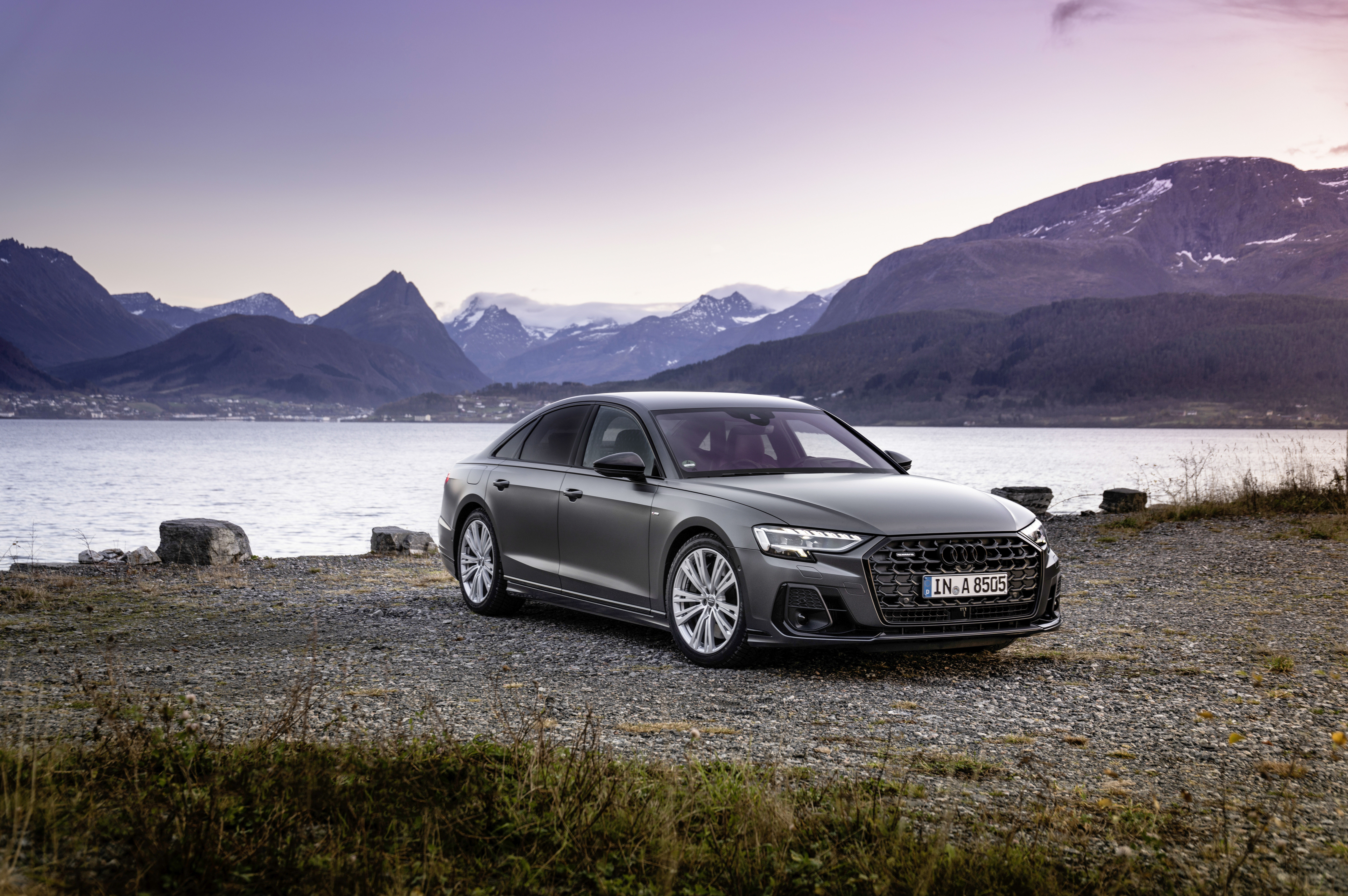 Audi A8 quattro S line sedan by a lake HD Wallpaper