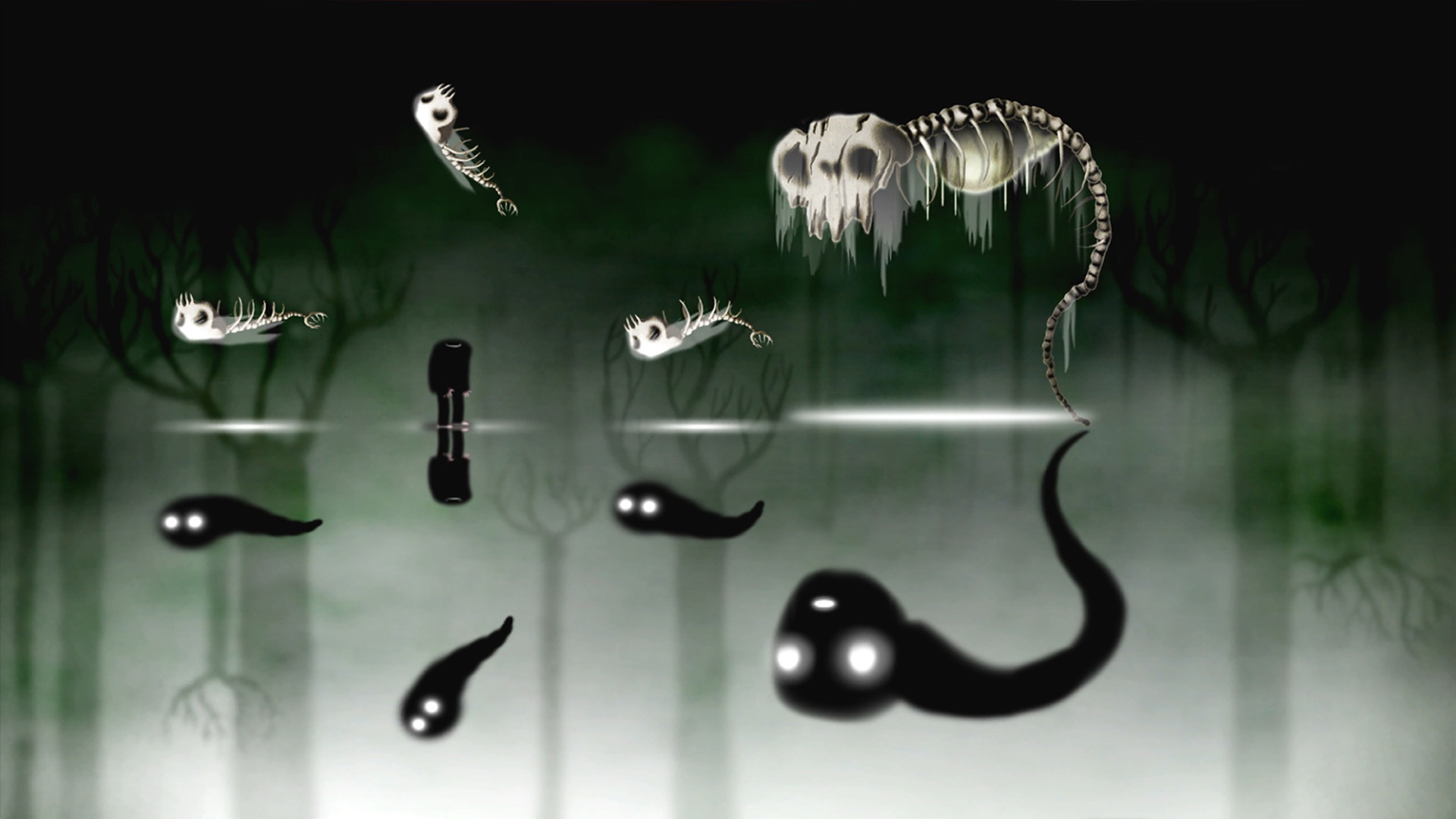 Happy Game creatures in a dark, misty environment HD Wallpaper