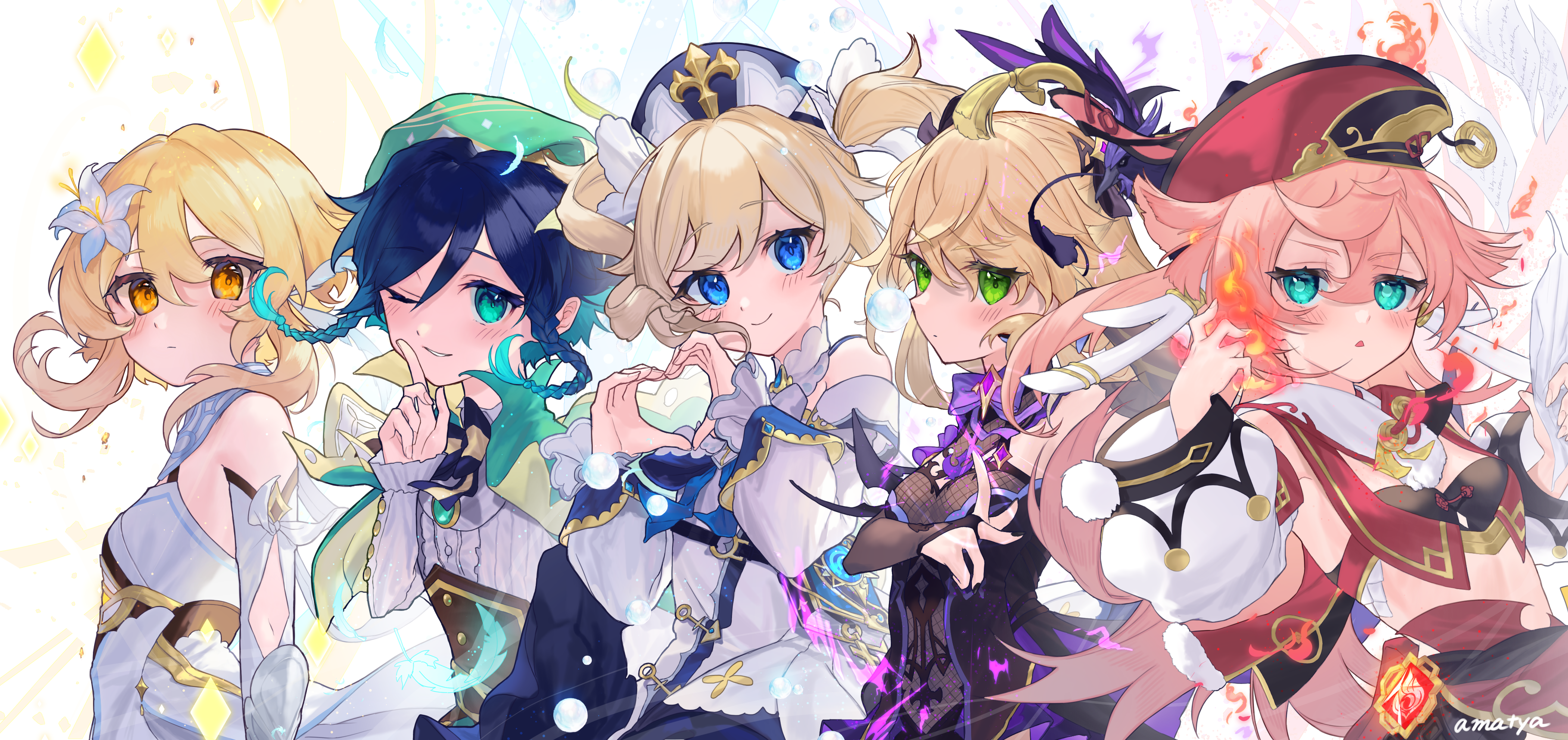 Lumine, Venti, Barbara, Fischl, and Yanfei from Genshin Impact HD Wallpaper