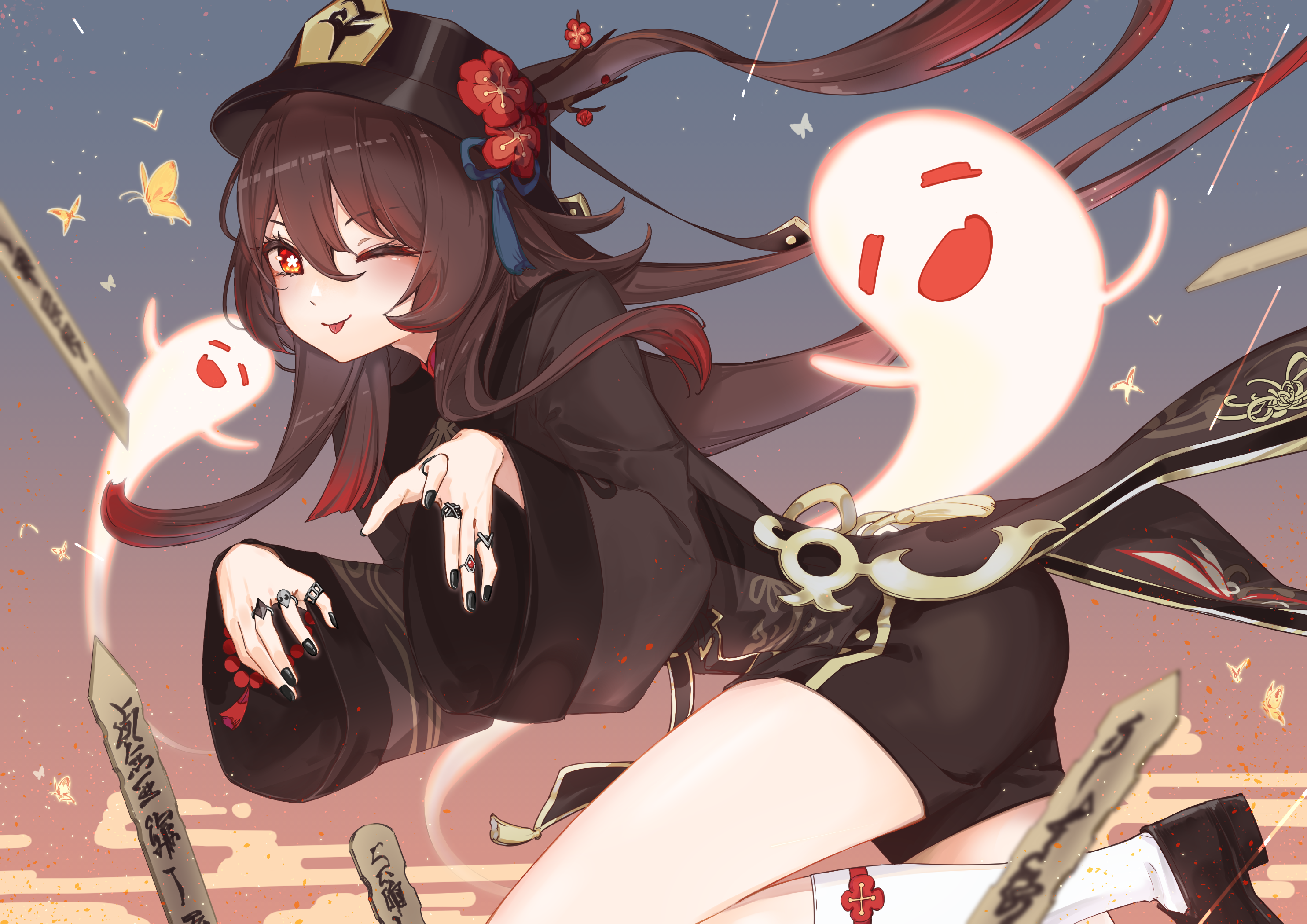 Hu Tao from Genshin Impact with a ghost companion HD Wallpaper