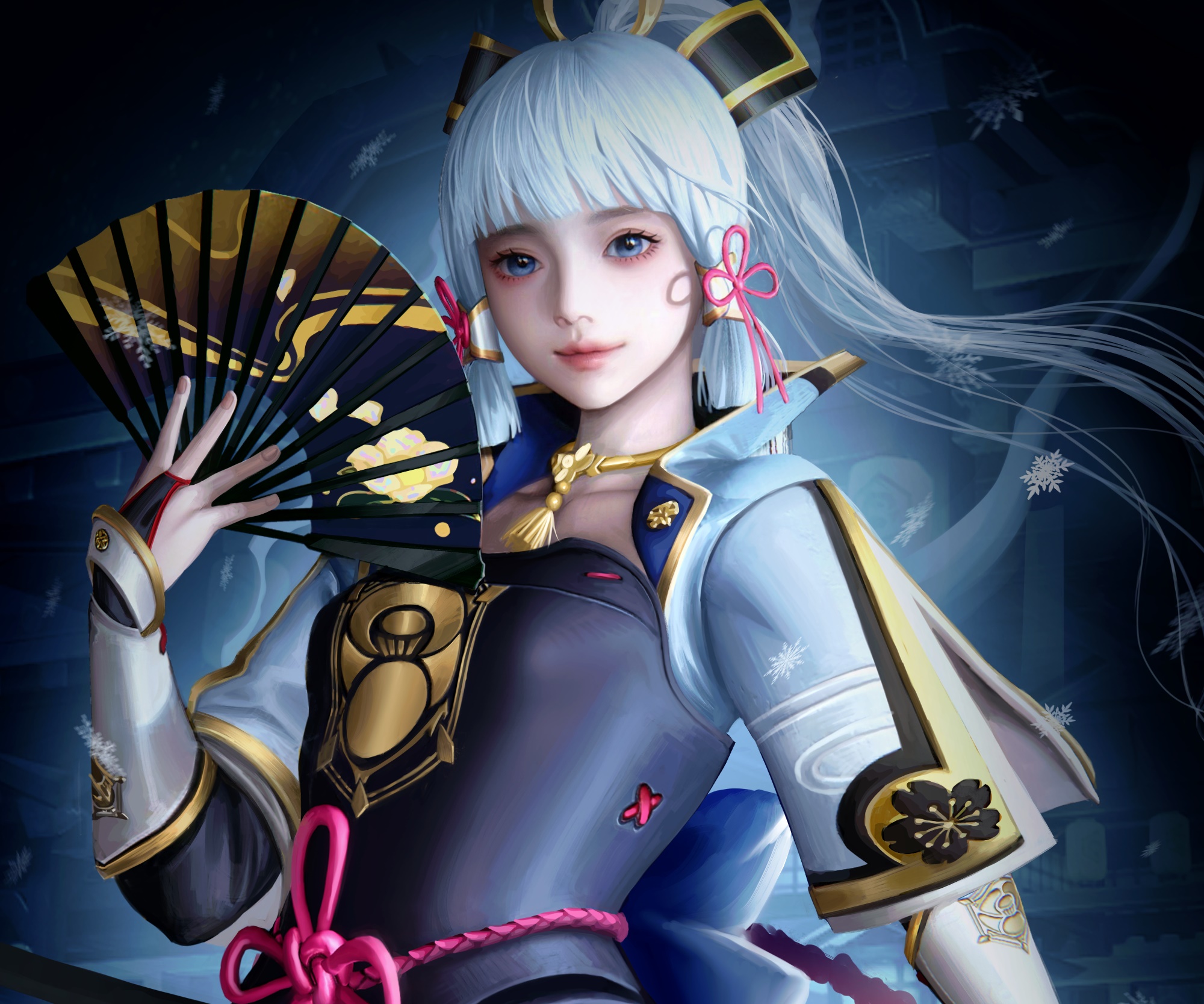 Kamisato Ayaka from Genshin Impact holding a fan HD Wallpaper