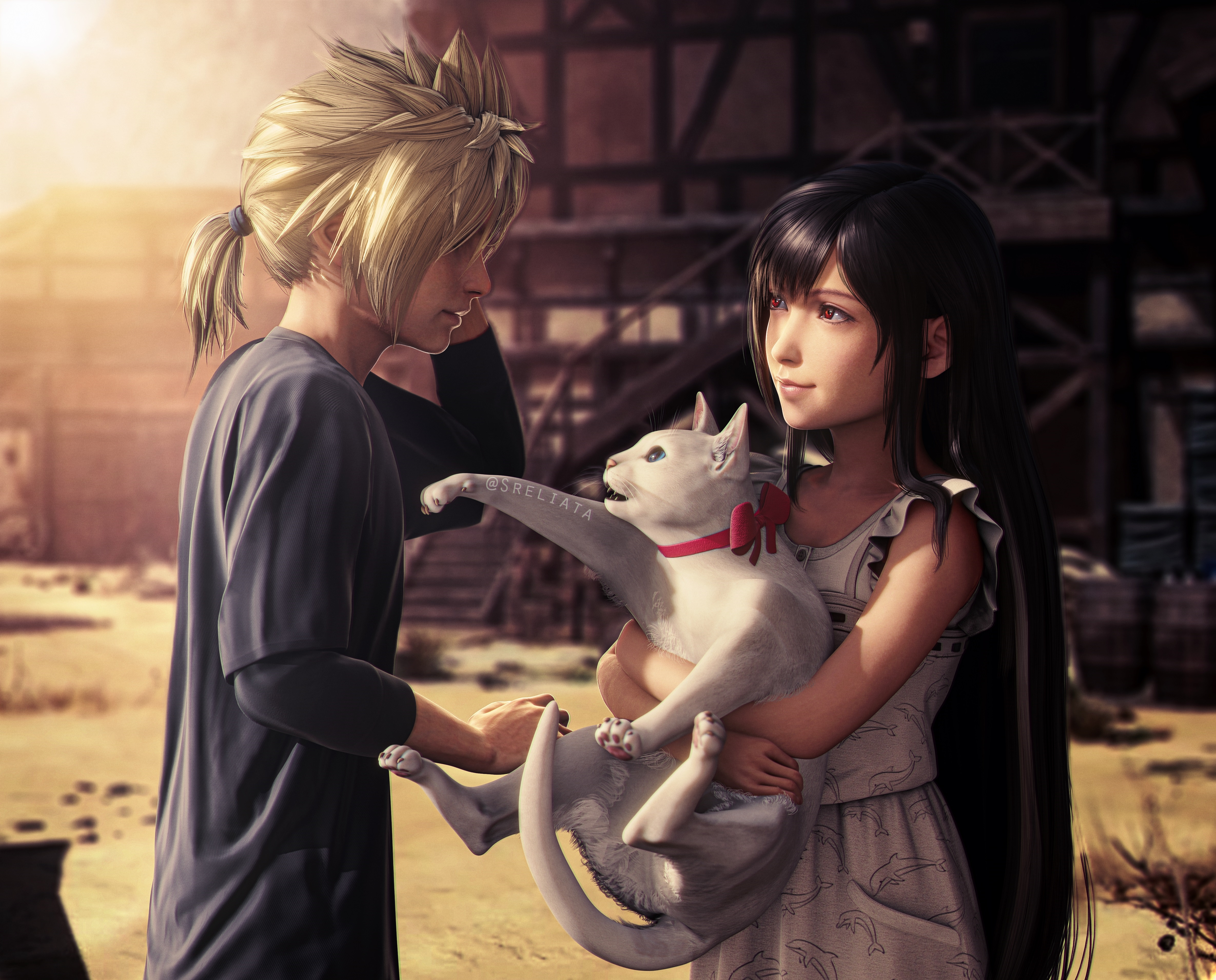 Cloud Strife and Tifa Lockhart with a cat from Final Fantasy VII Remake 4K HD Wallpaper