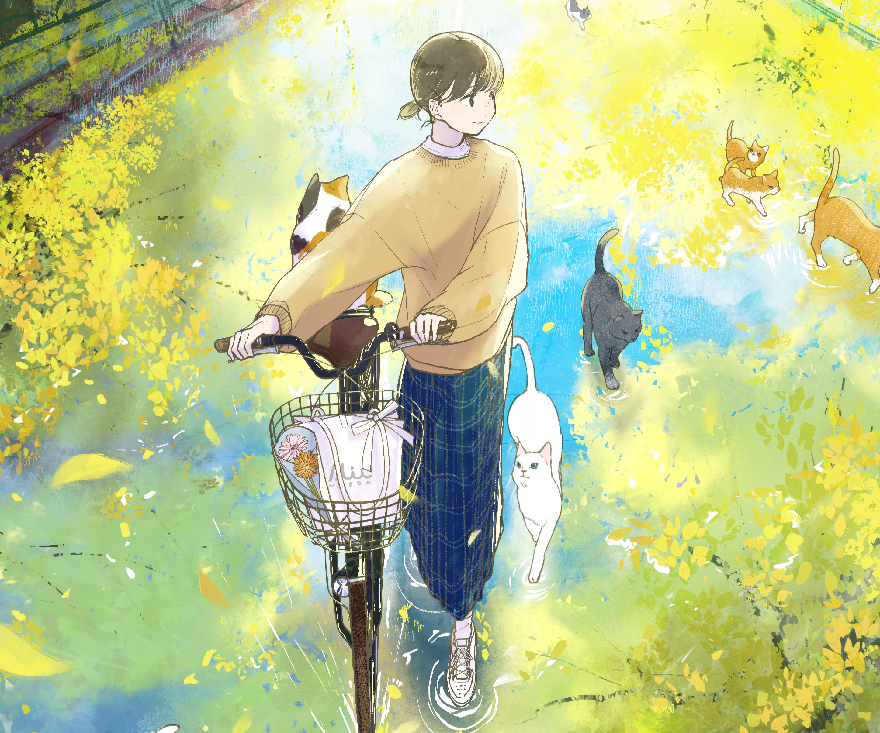 Girl with bicycle and cats in autumn park HD Wallpaper