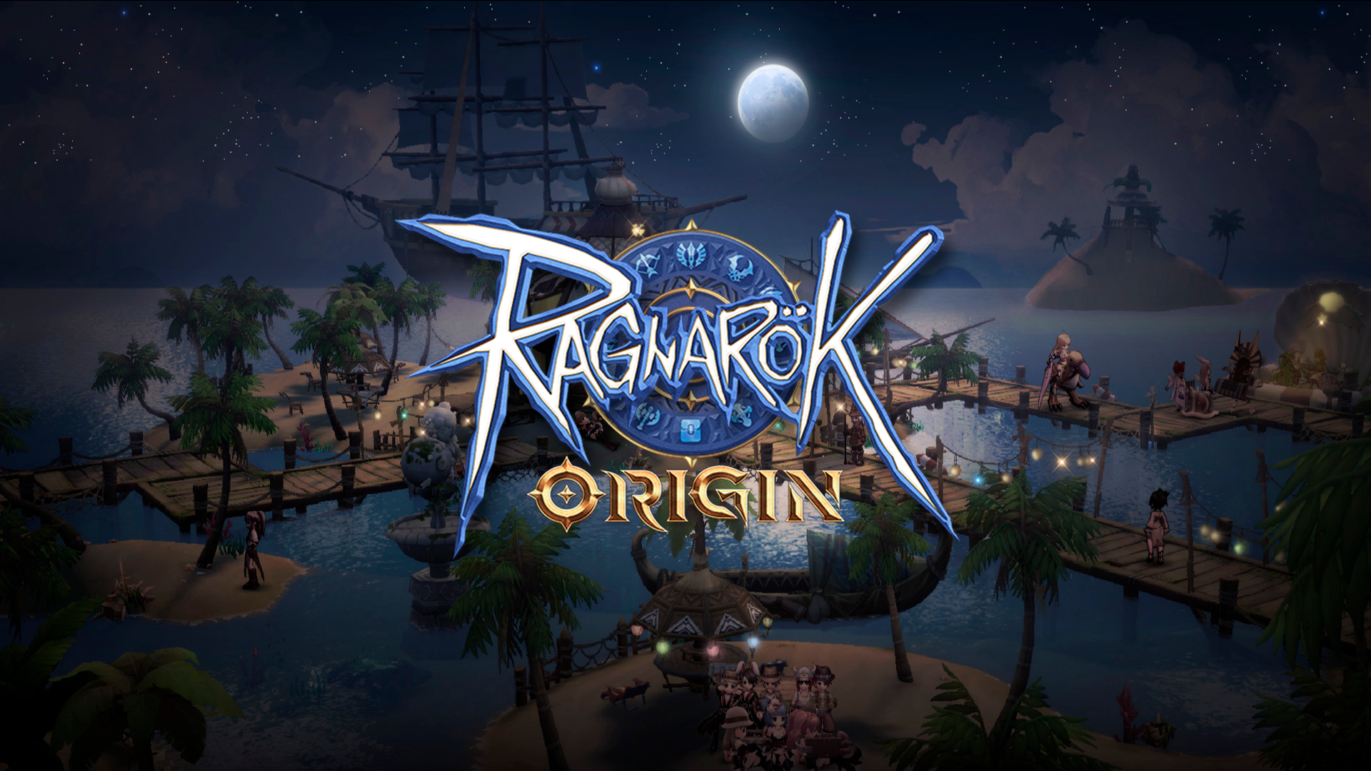 Ragnarok Origin game logo on tropical island at night HD Wallpaper