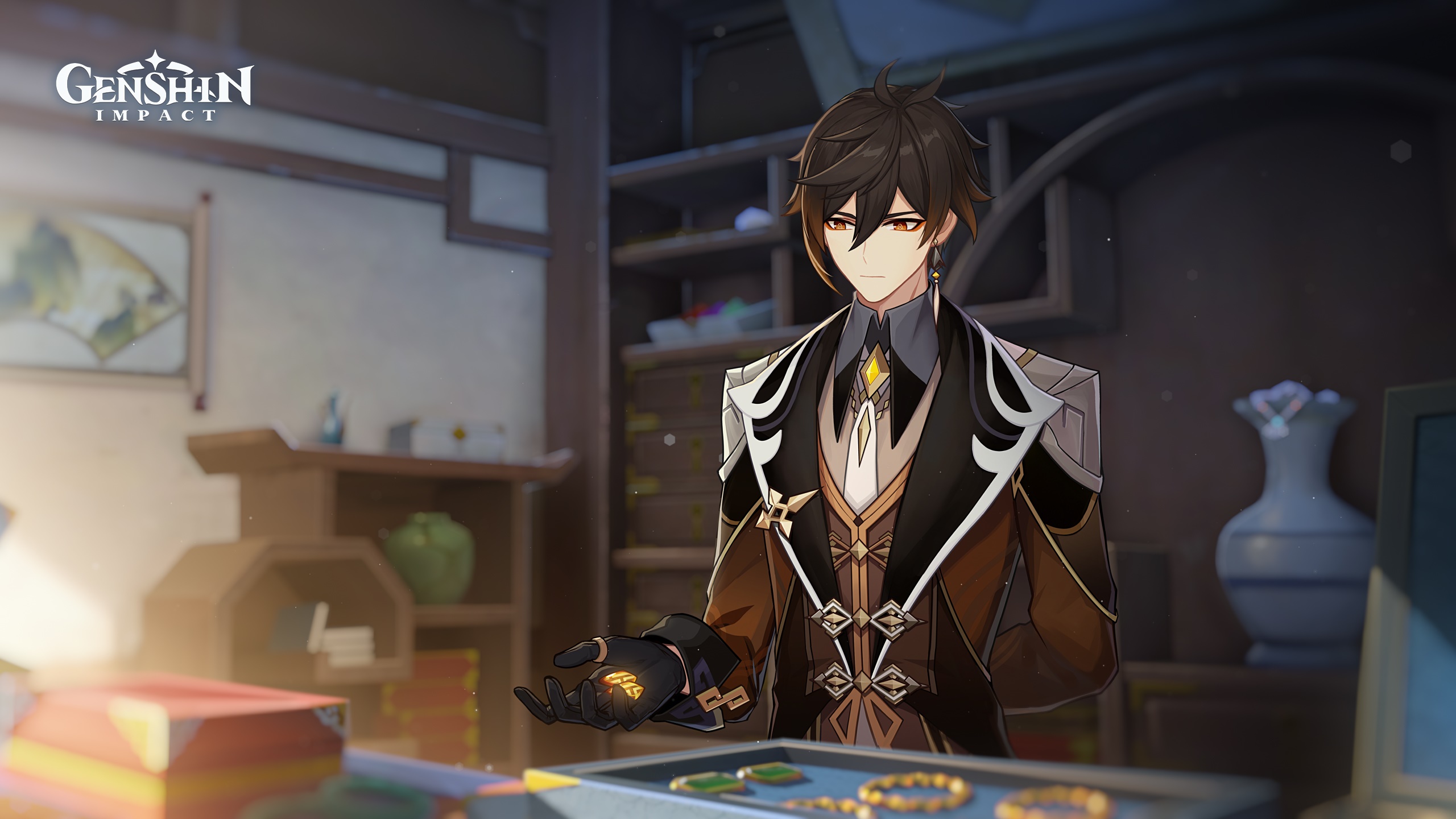 Zhongli from Genshin Impact holding a glowing object HD Wallpaper