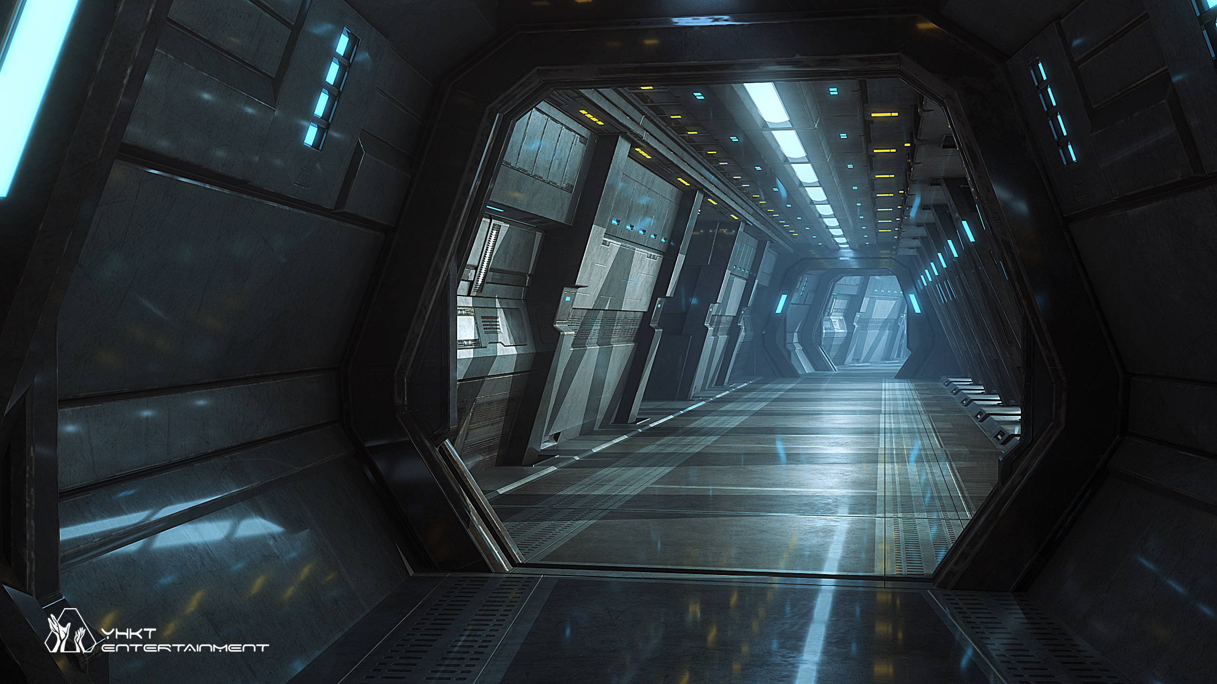 Sci-fi corridor with blue and yellow lights HD Wallpaper