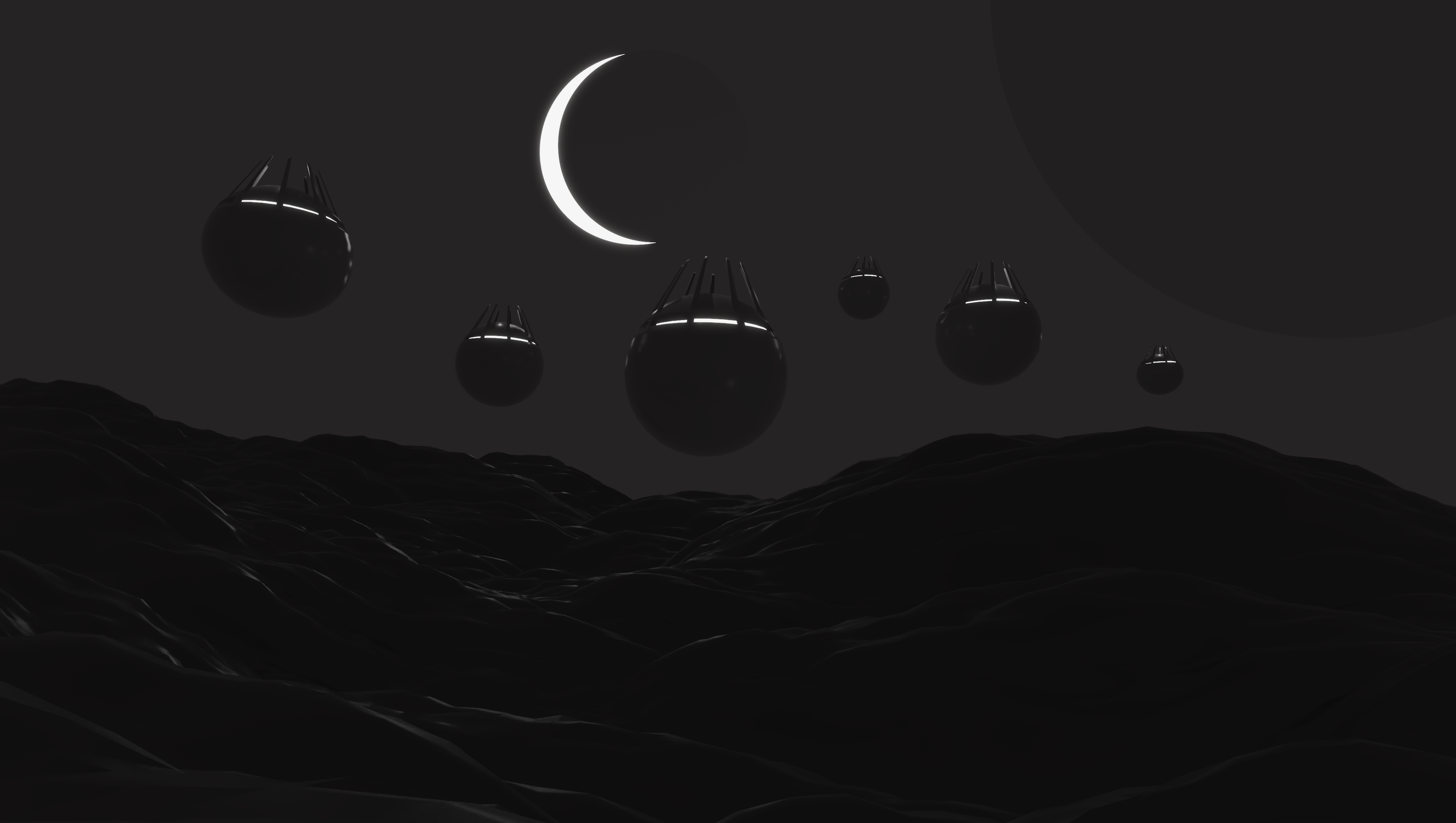 Alien pods hovering over a dark, alien landscape under a crescent moon HD Wallpaper