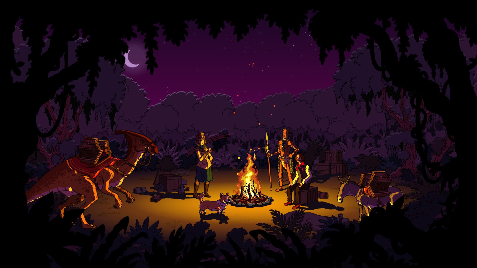 Curious Expedition 2 characters around a campfire HD Wallpaper