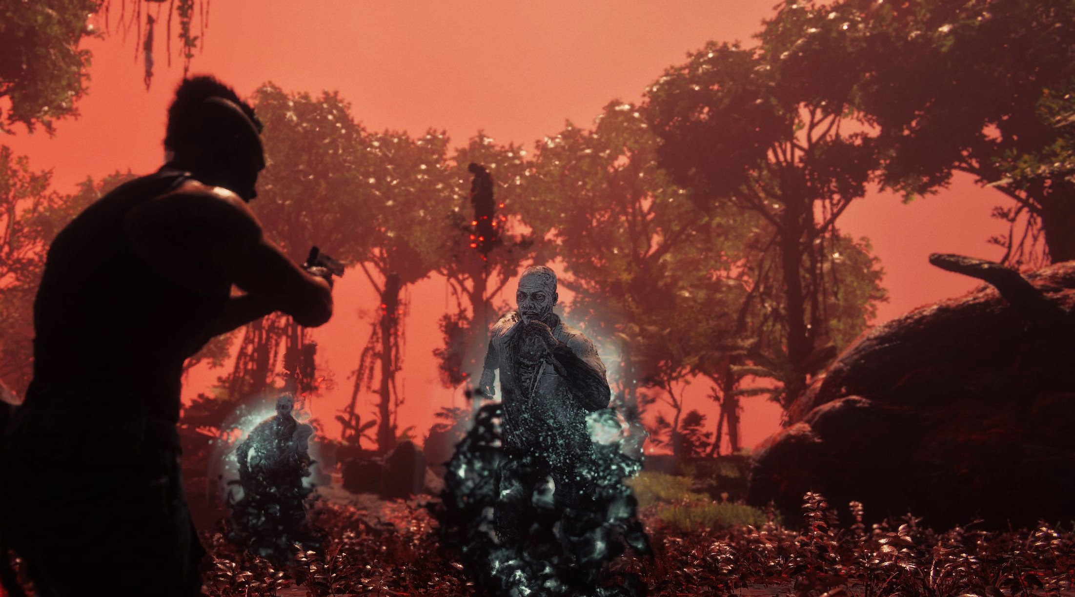 Far Cry 6 character aiming at spectral enemies in jungle HD Wallpaper