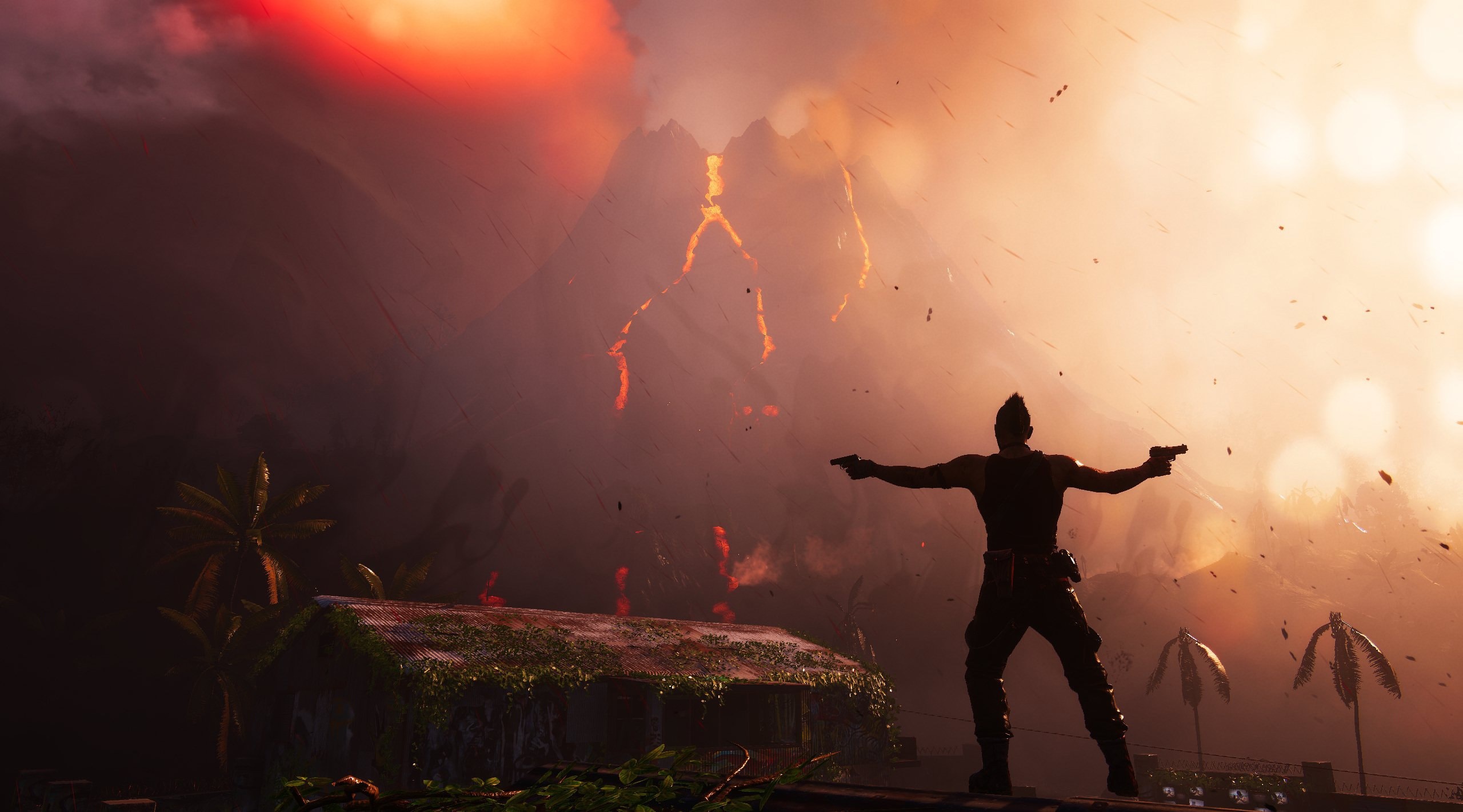 Man with guns in front of erupting volcano HD Wallpaper
