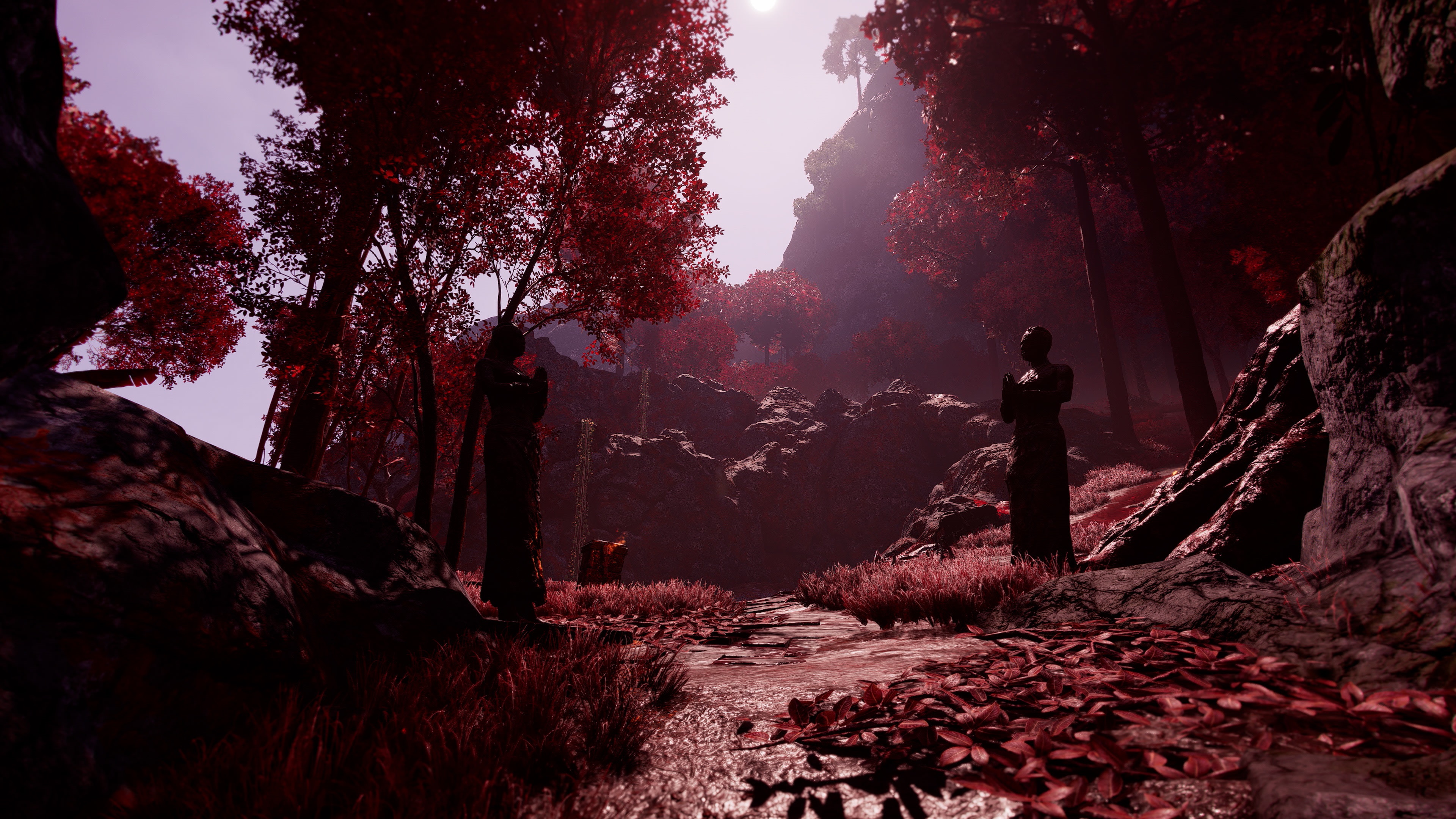 Fantasy forest with statues and red trees 4K HD Wallpaper