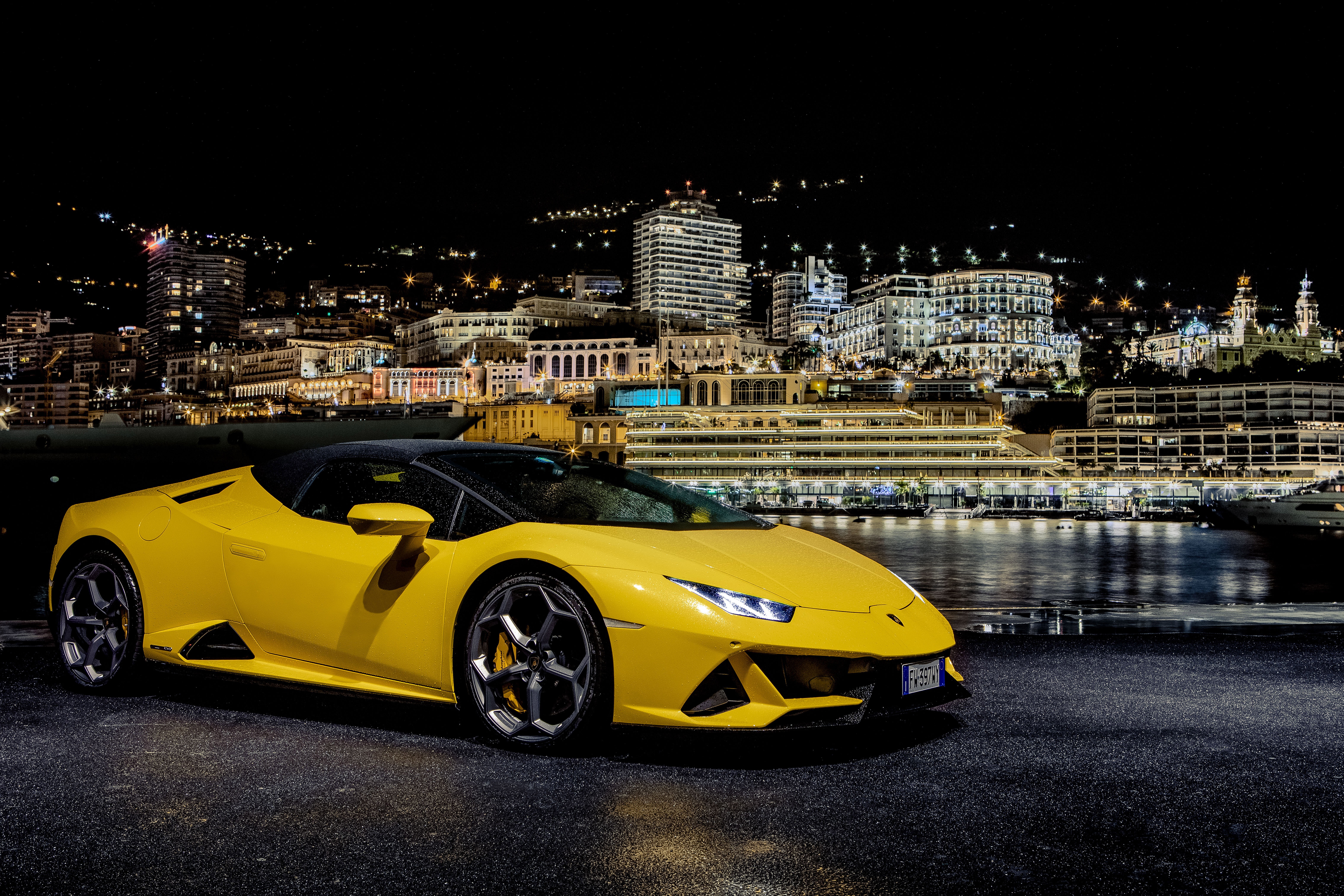 Yellow Lamborghini Huracan Evo Convertible in Monaco at Night HD Wallpaper