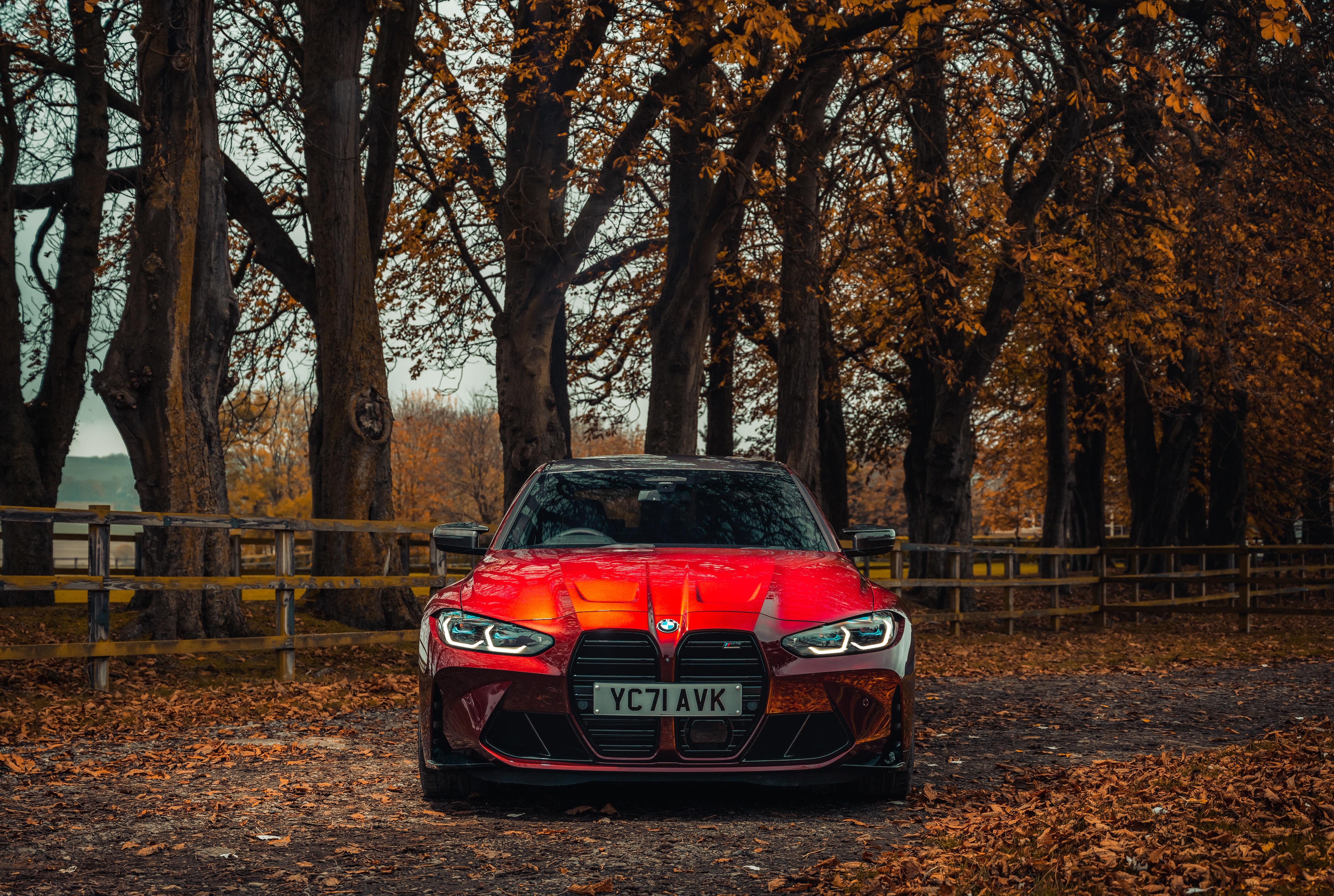 Red BMW M3 Competition M xDrive in Autumn HD Wallpaper