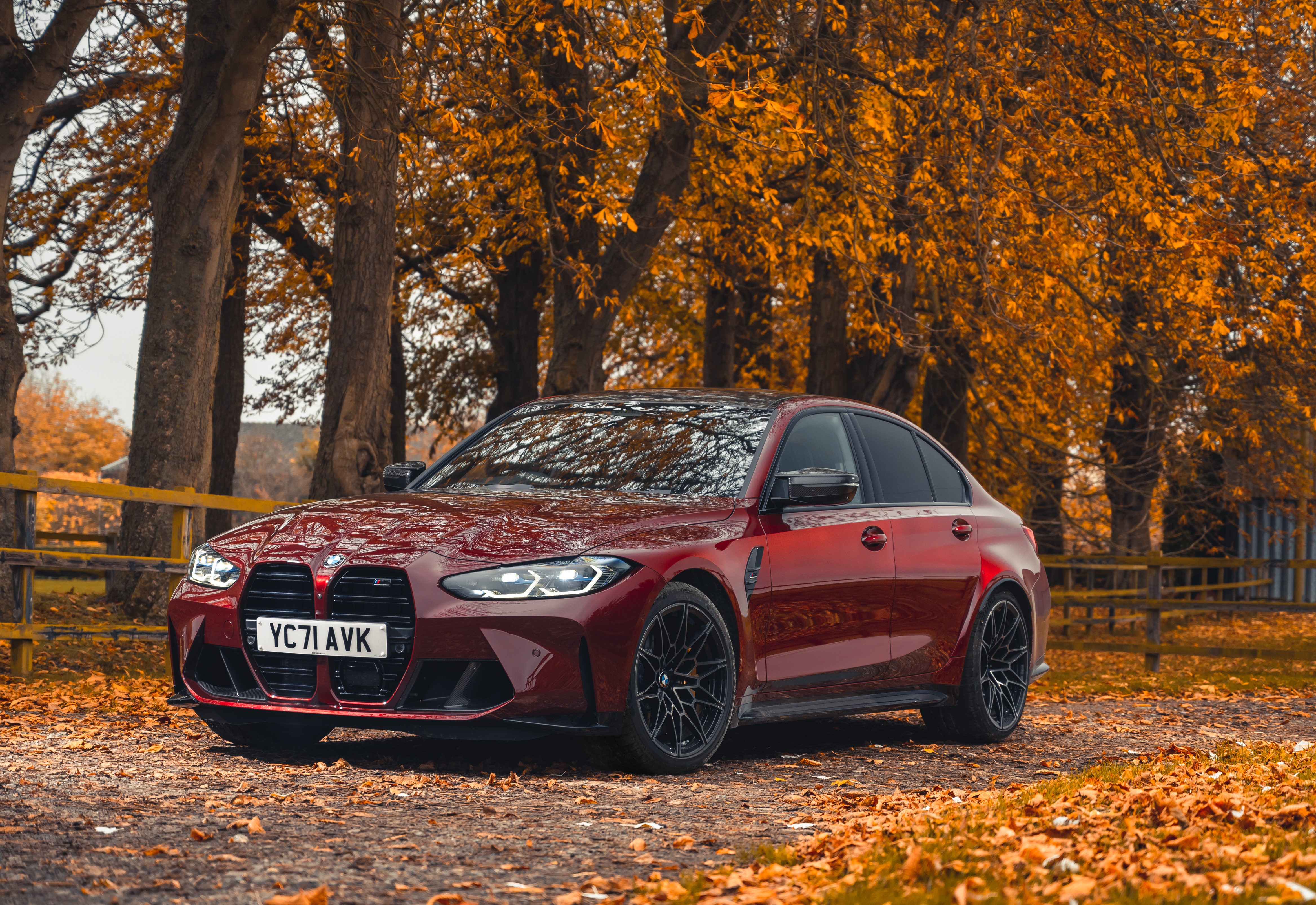 Red BMW M3 Competition M xDrive in Autumn HD Wallpaper