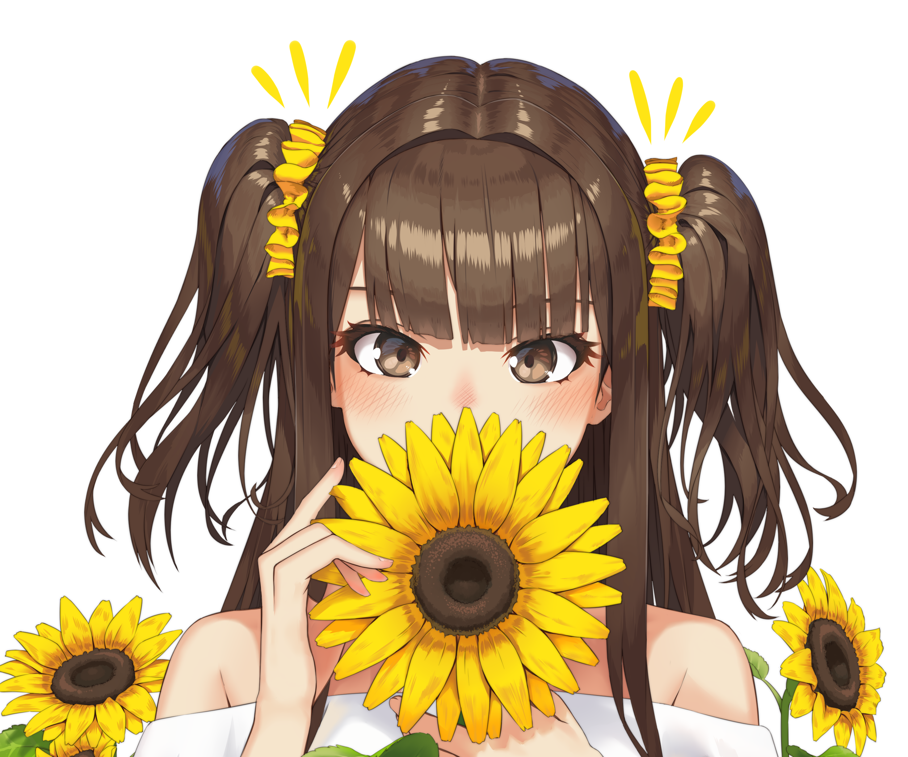 Girl with Brown Hair and Sunflowers HD Wallpaper