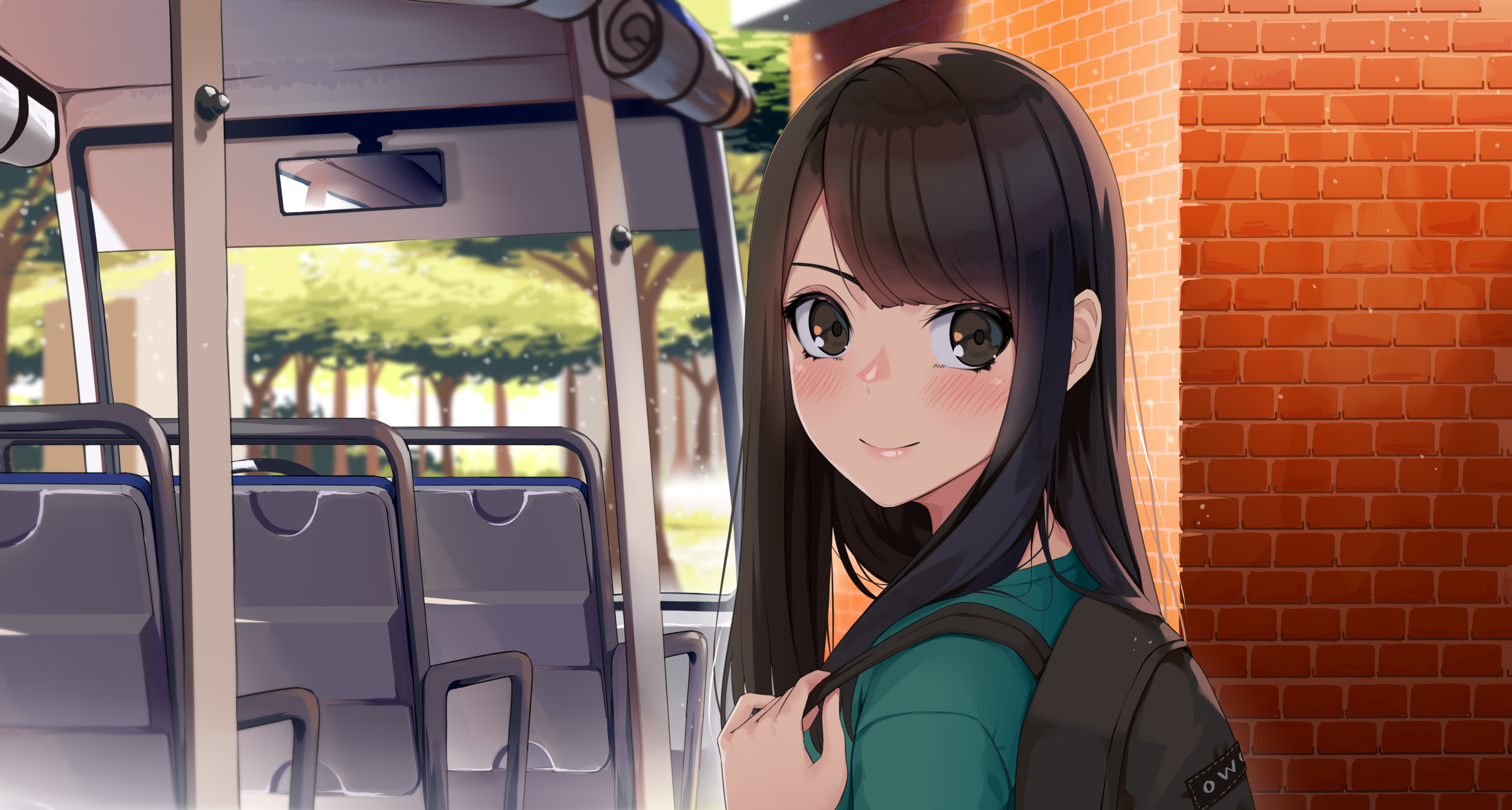 Girl on a bus with brick wall background HD Wallpaper