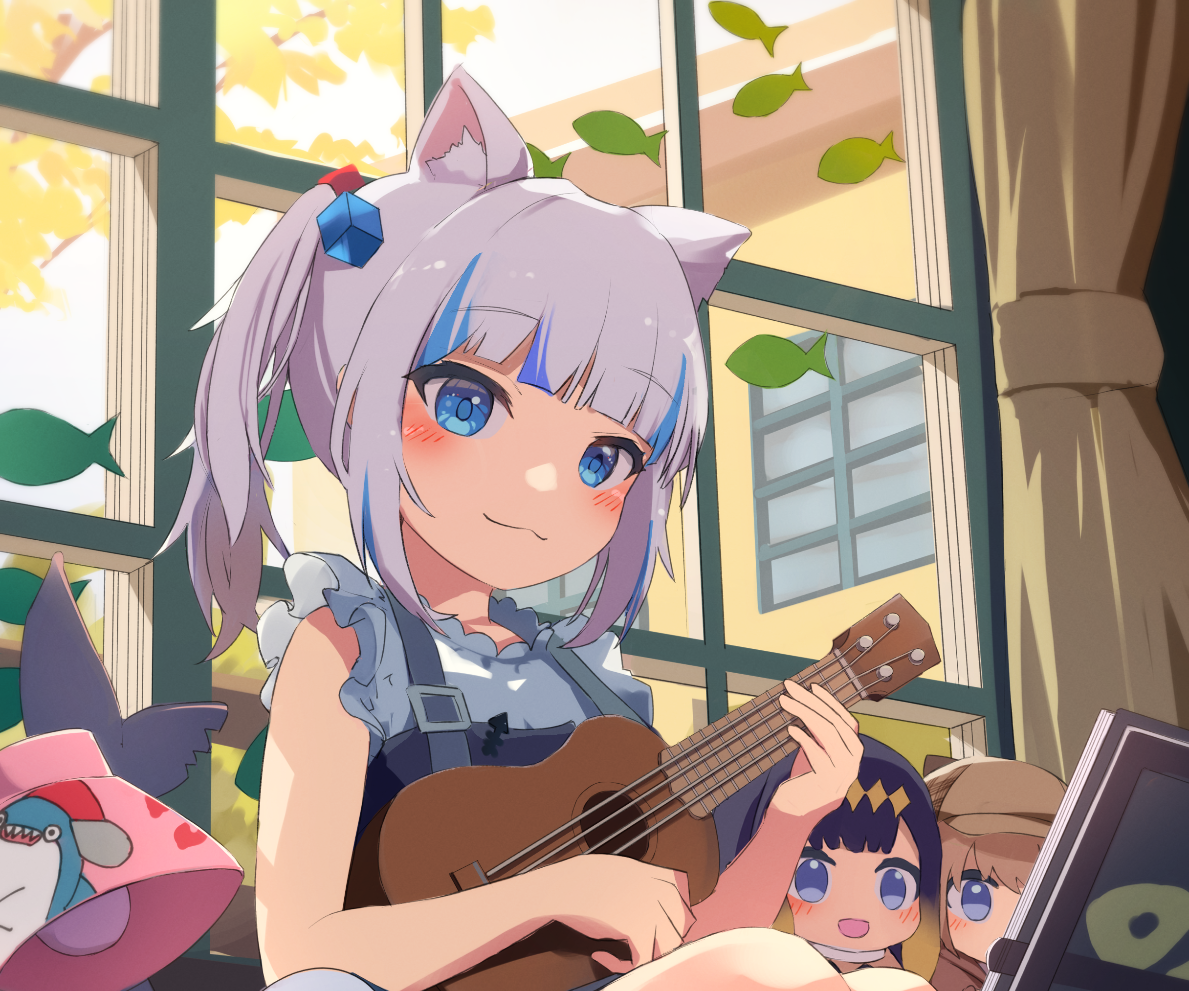 Gawr Gura from Hololive playing ukulele with friends HD Wallpaper