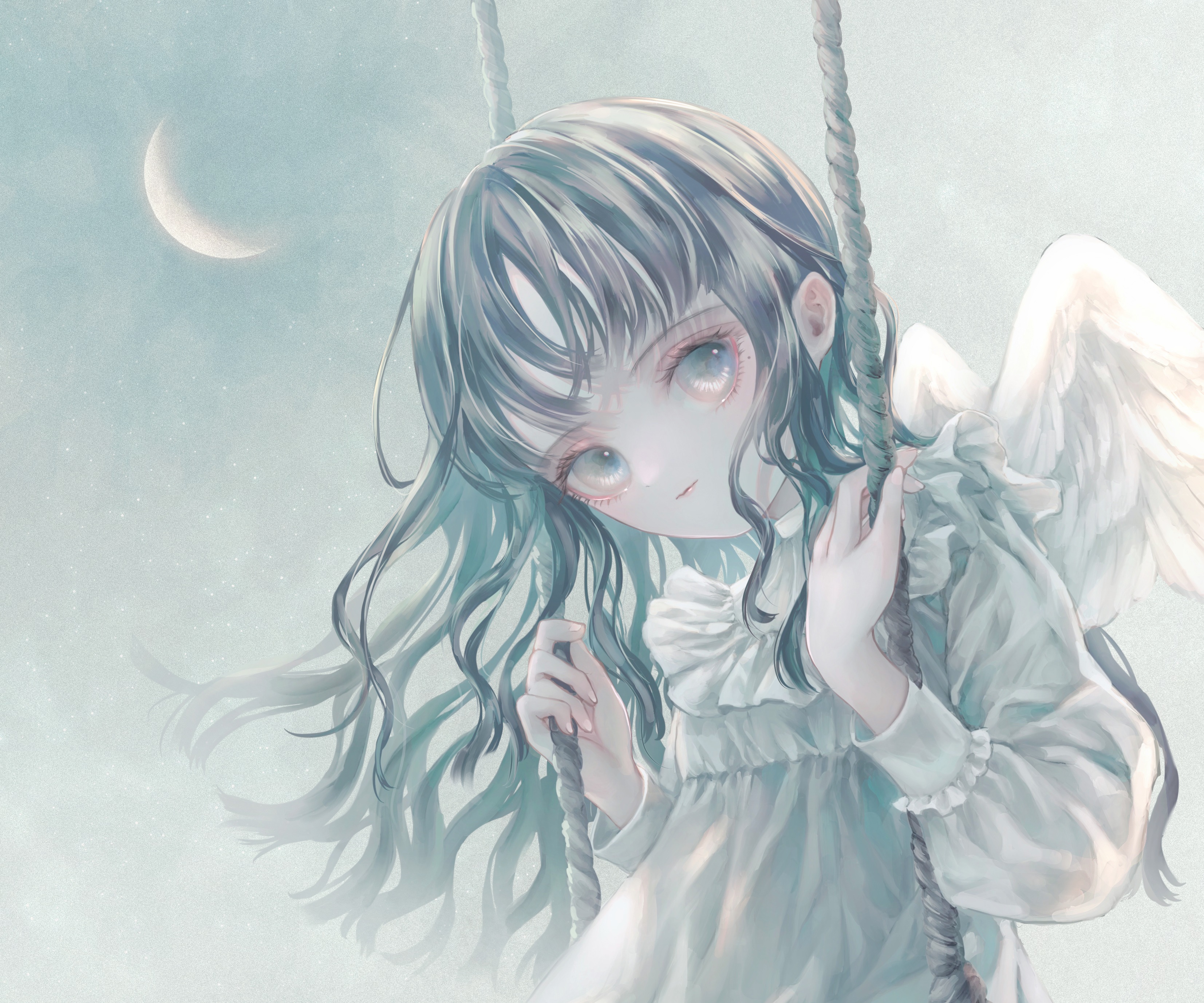 Angel girl on a swing under the moon HD Wallpaper