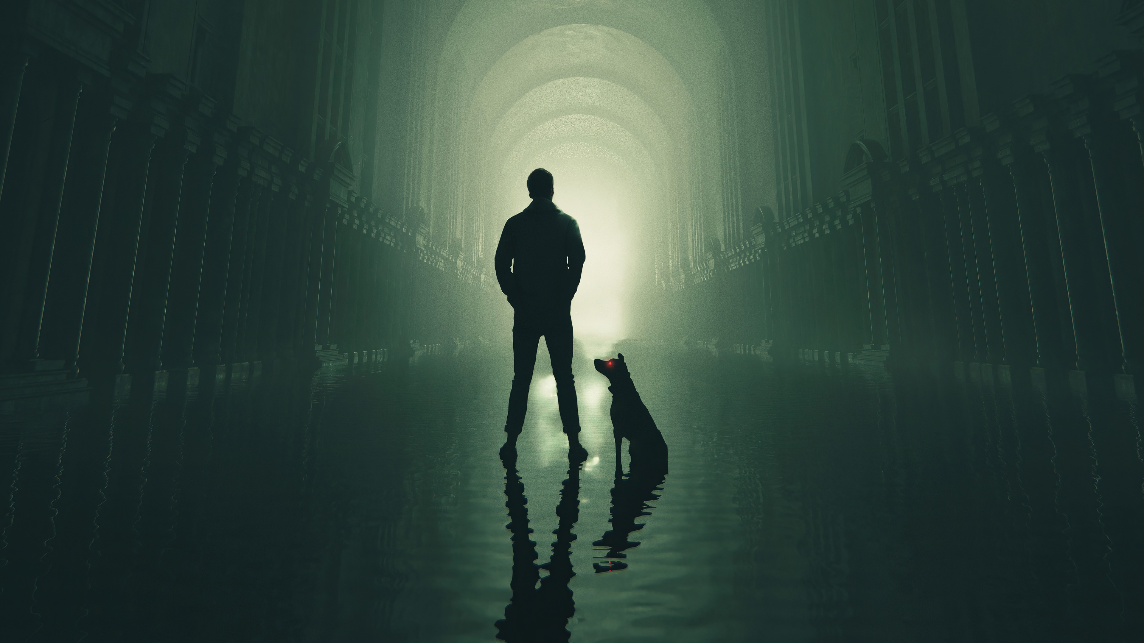 Silhouette of a man and a dog in a hall HD Wallpaper