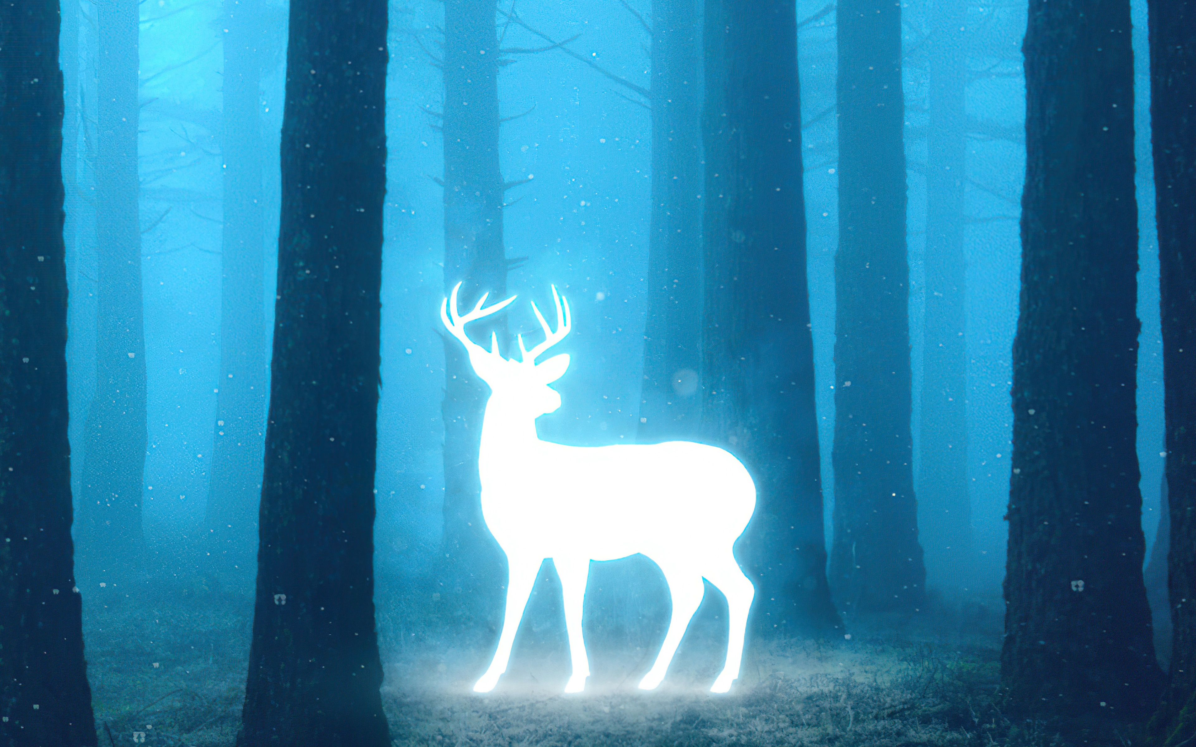 Fantasy glowing deer in a blue forest 4K HD Wallpaper