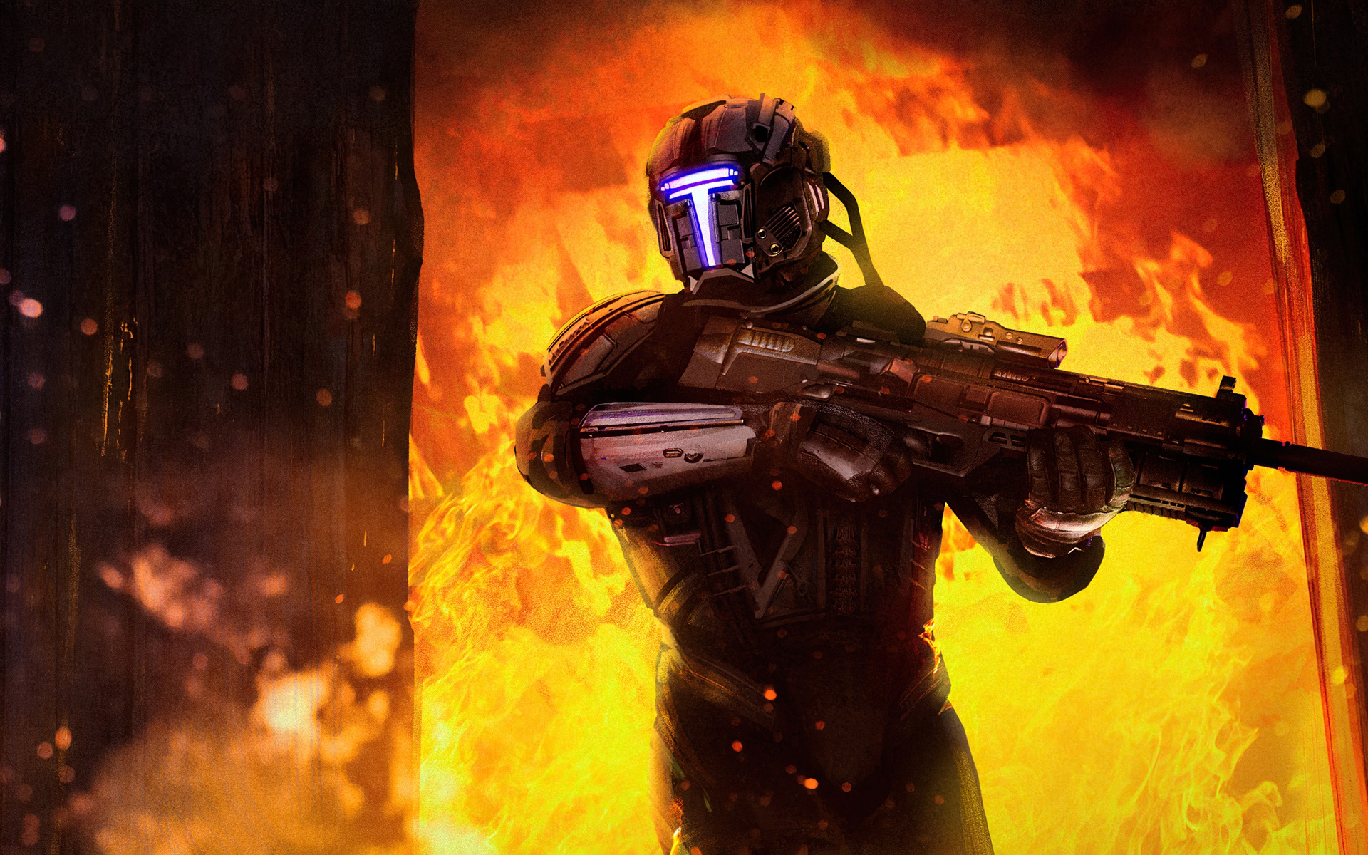 Sci-Fi Warrior with Rifle in Fire HD Wallpaper
