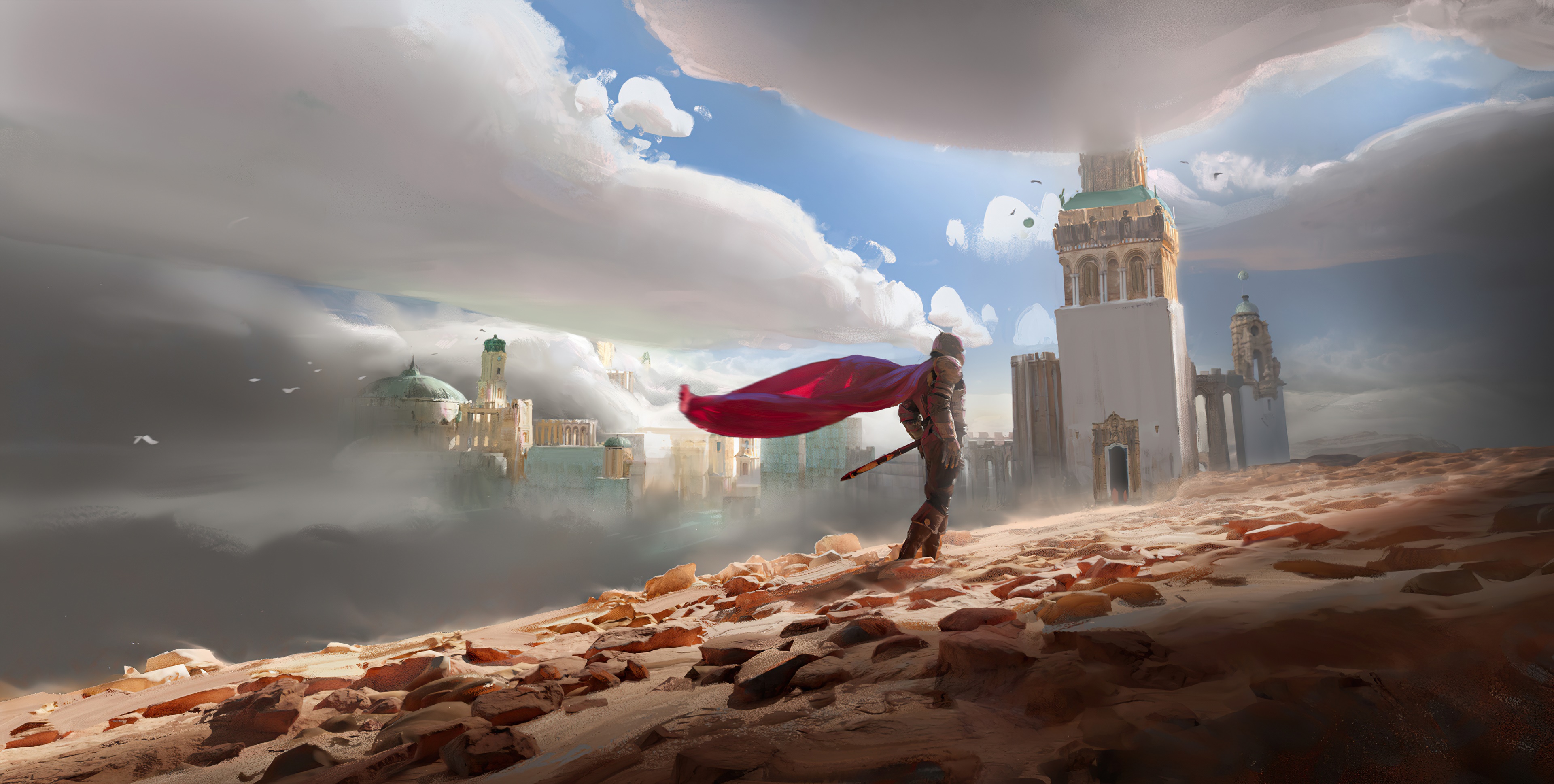 Fantasy Knight with Red Cape in Desert City HD Wallpaper