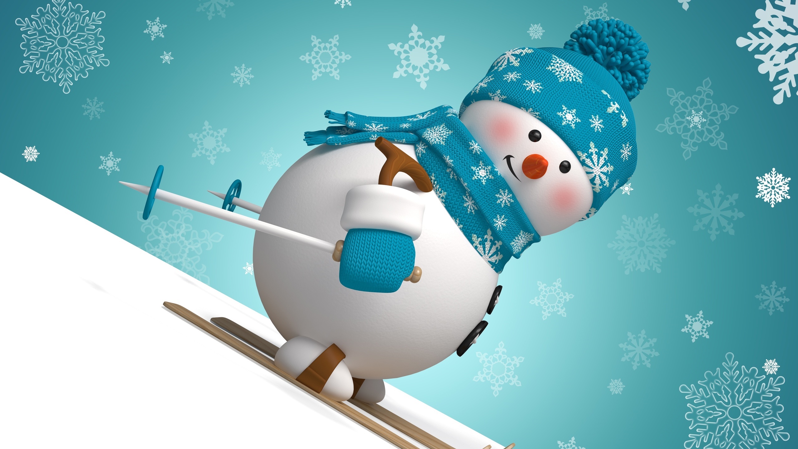 Snowman skiing down a snowy slope with snowflakes HD Wallpaper