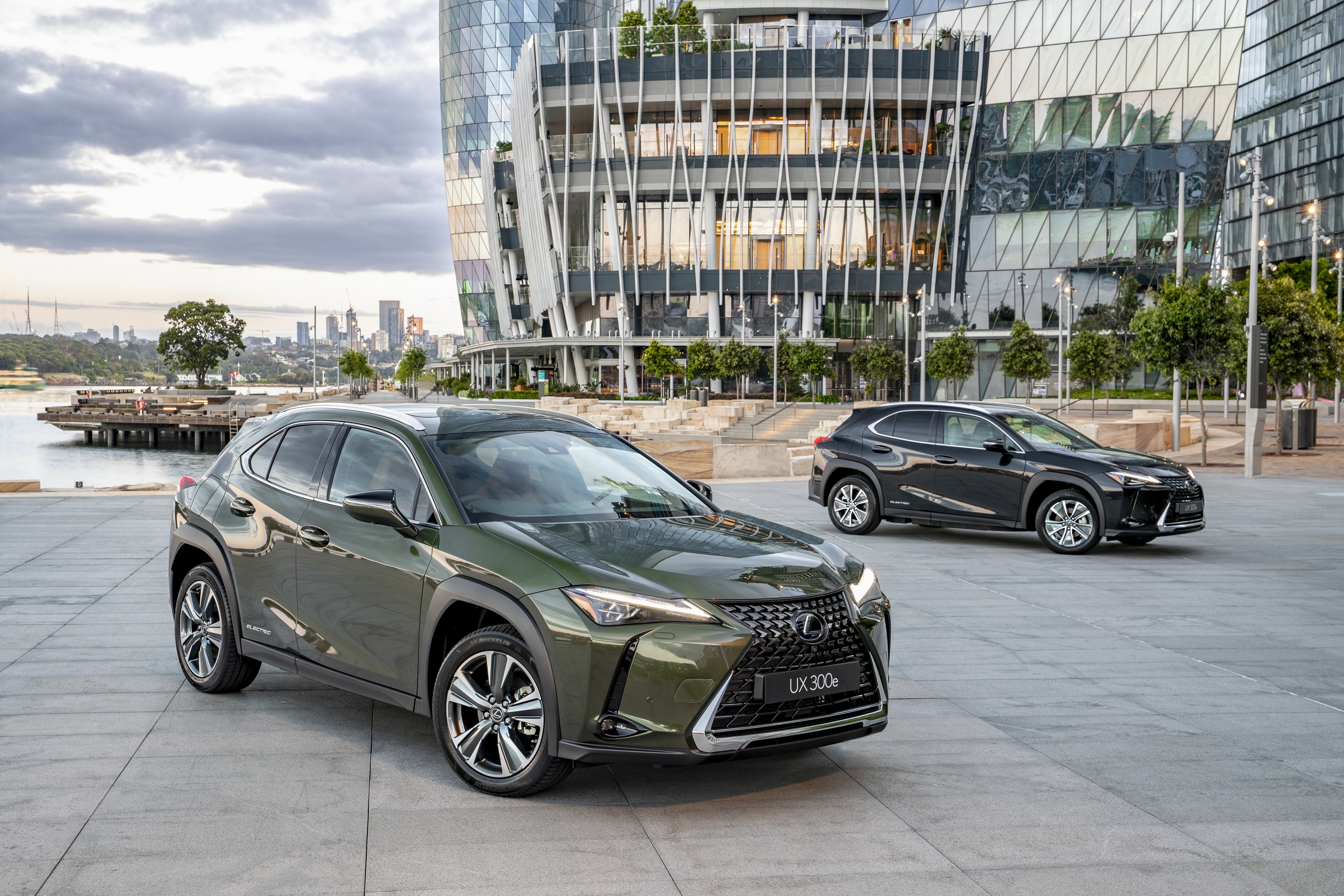 Two Lexus UX 300e SUVs parked outdoors HD Wallpaper